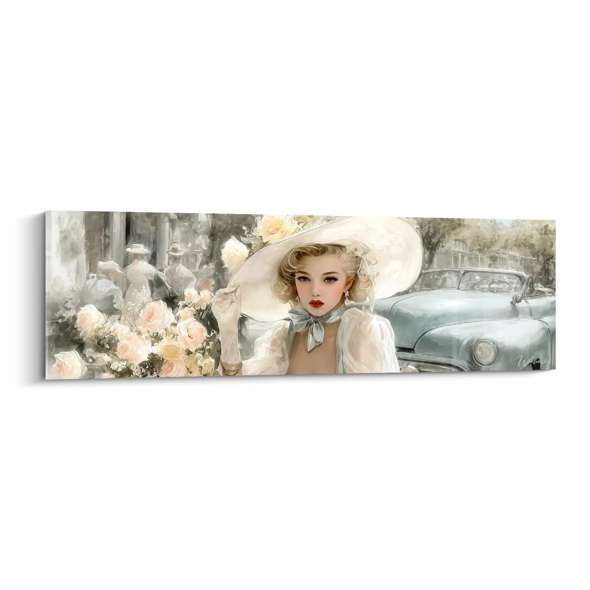 Tableau mural pin-up chic années 40 avec une femme élégante en chapeau et fleurs