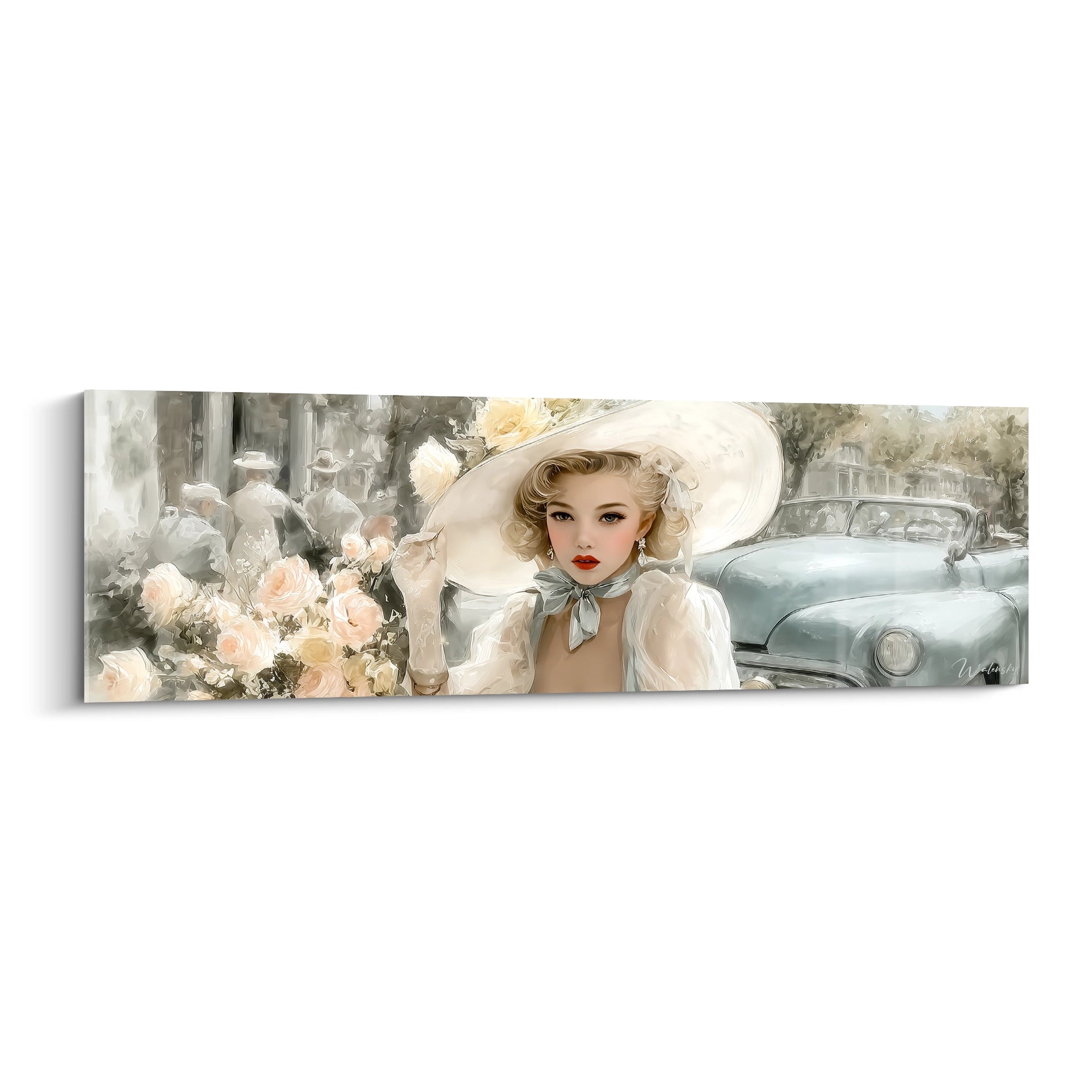 Tableau mural pin-up chic années 40 avec une femme élégante en chapeau et fleurs