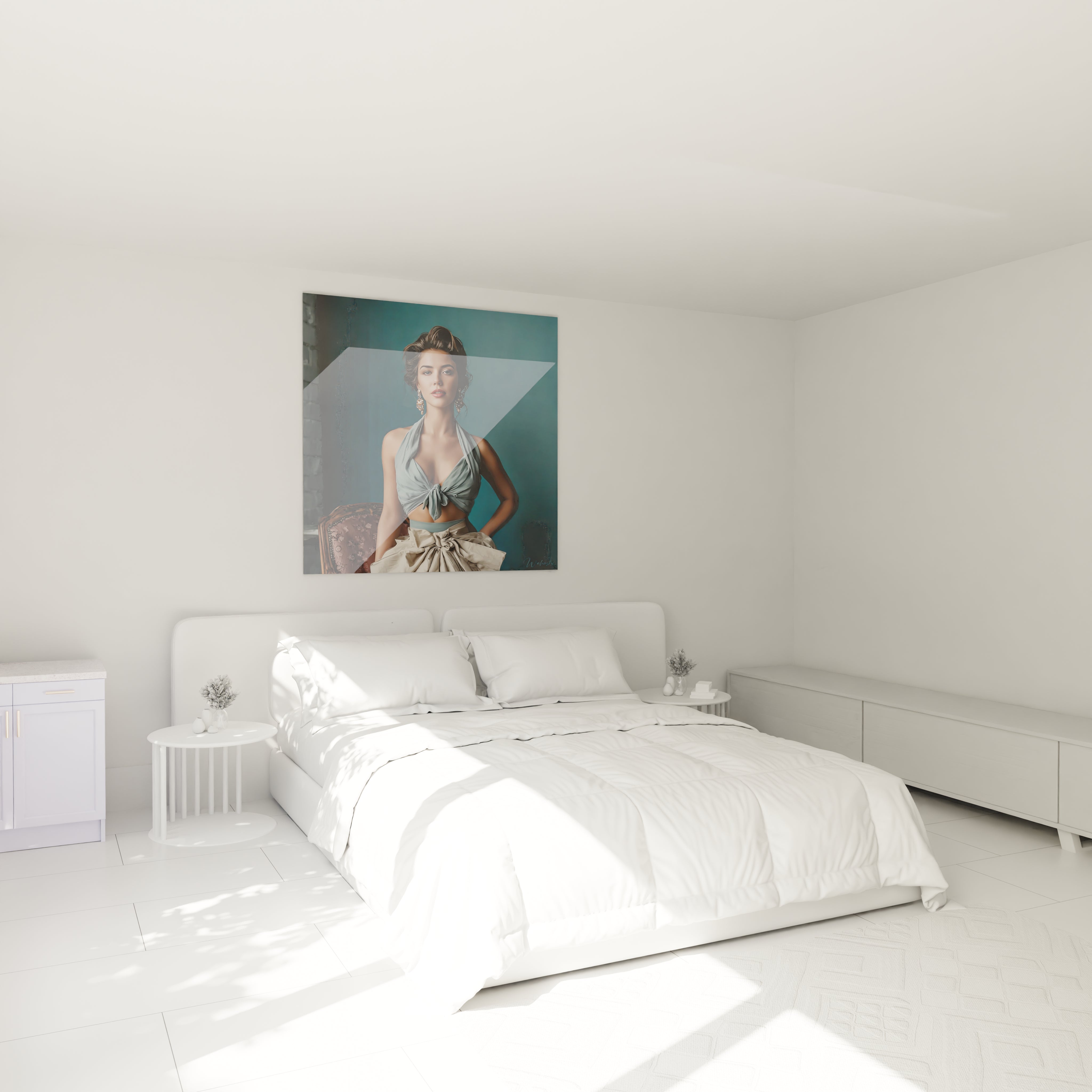 Tableau pin-up chic de Walensky accroché au mur d'une chambre moderne avec lit blanc
