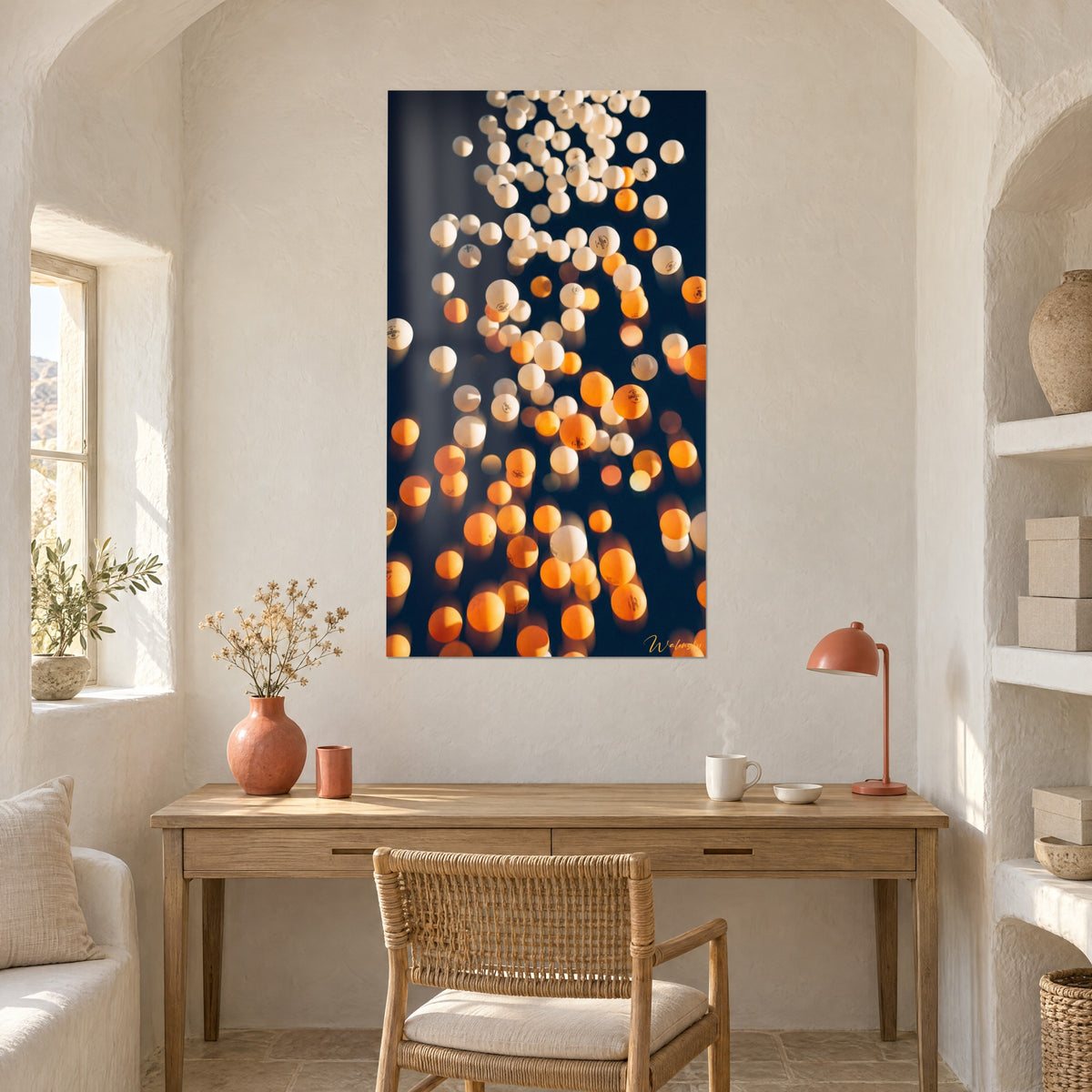 Cuadro con pequeñas esferas naranjas y blancas ascendiendo sobre azul oscuro, escritorio de madera clara, lámpara de terracota