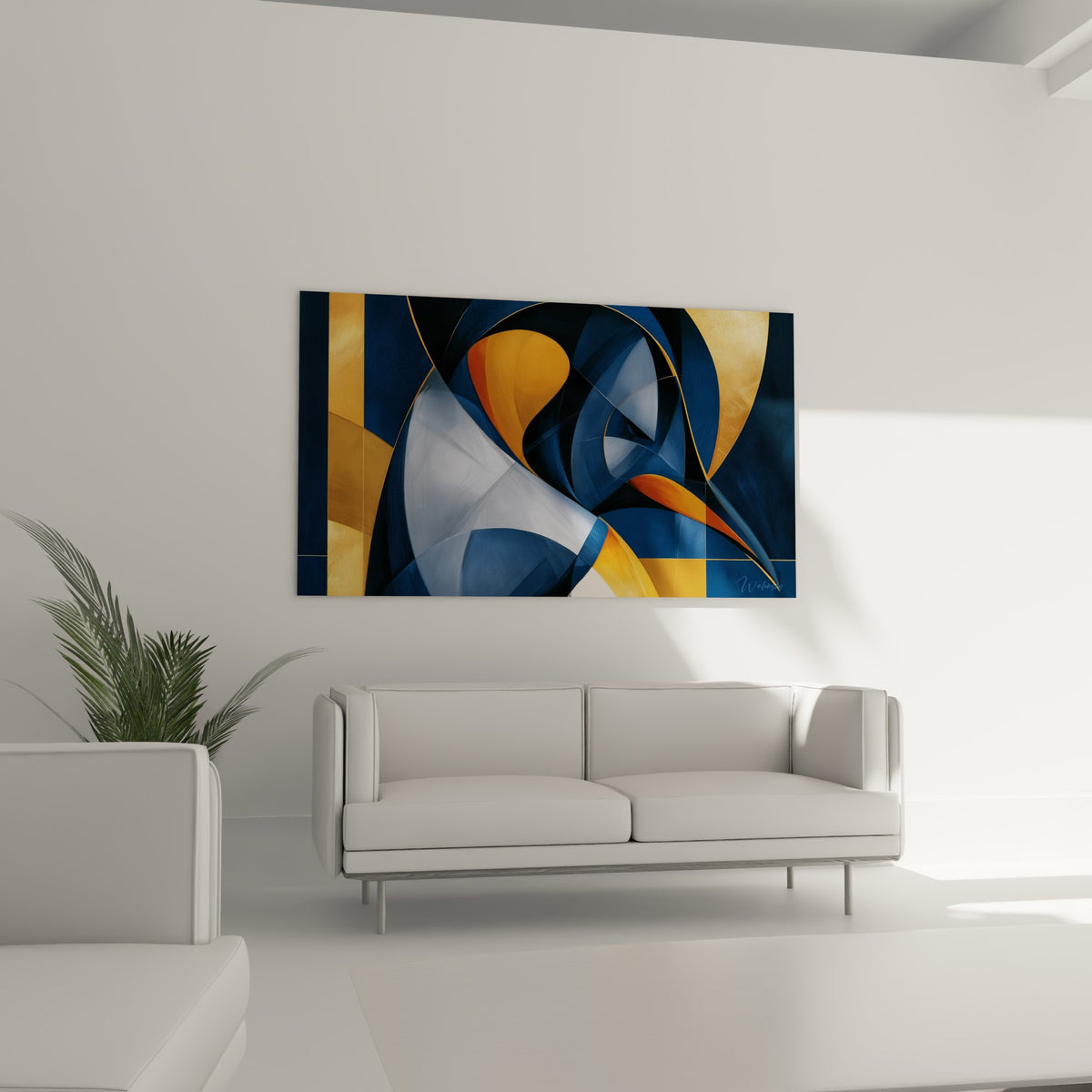 Silhouette de pingouin fragmentée en bleu marine et orange doré, au-dessus d'un canapé dans un salon lumineux