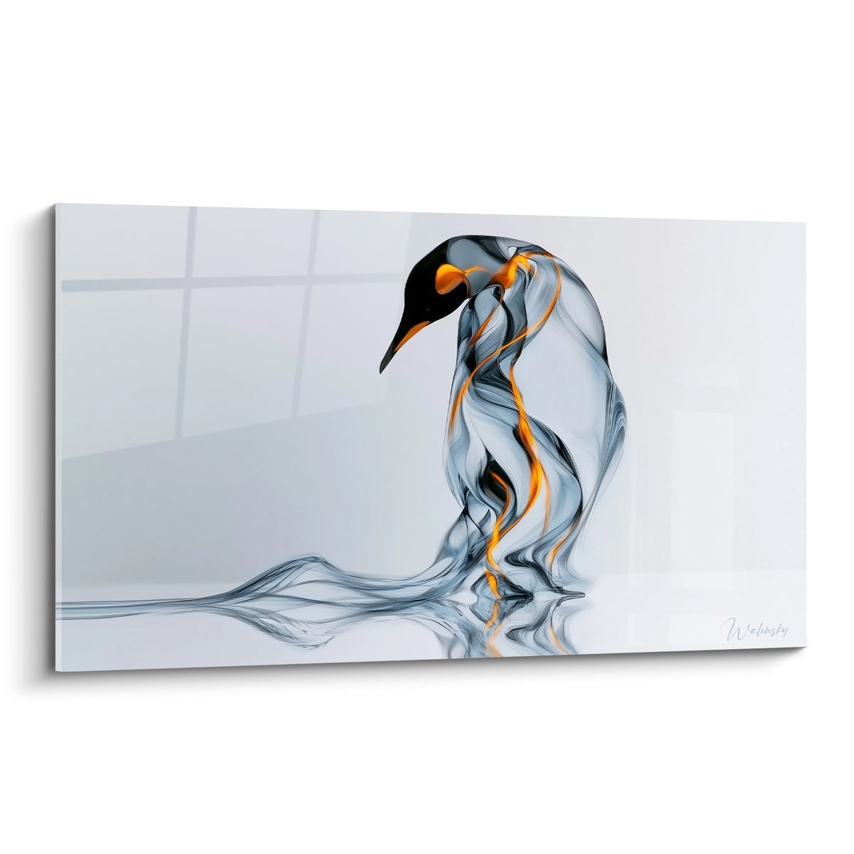 Pingouin en volutes grises et orange incandescent, silhouette abstraite sur fond blanc lumineux