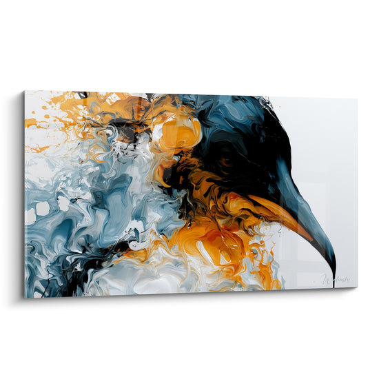 Pingouin en peinture fluide, tête noire et bec orange vif sur fond blanc marbré bleu ardoise