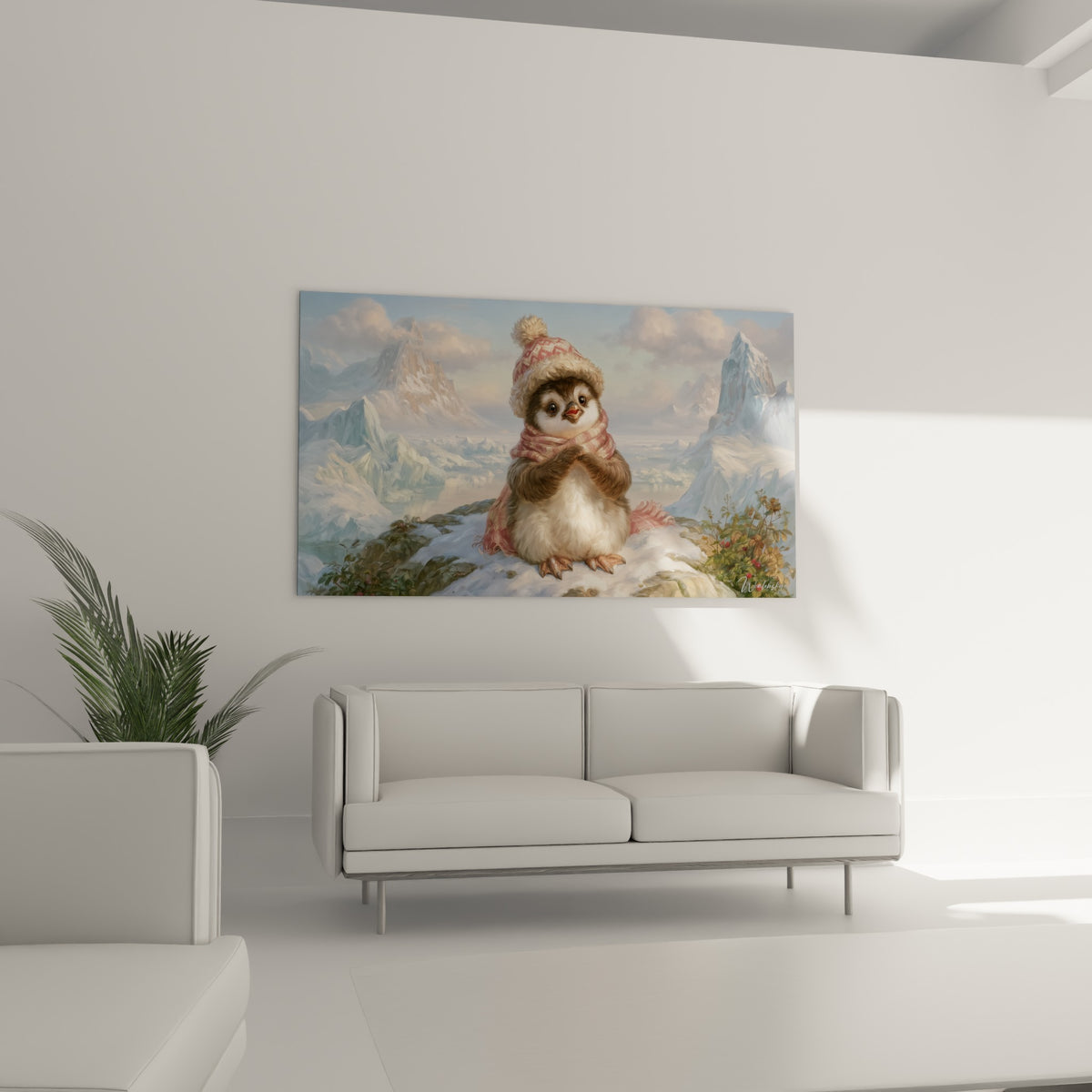 Ailes croisées et regard attendrissant du pingouin en écharpe rose, au-dessus d'un canapé dans un salon lumineux.