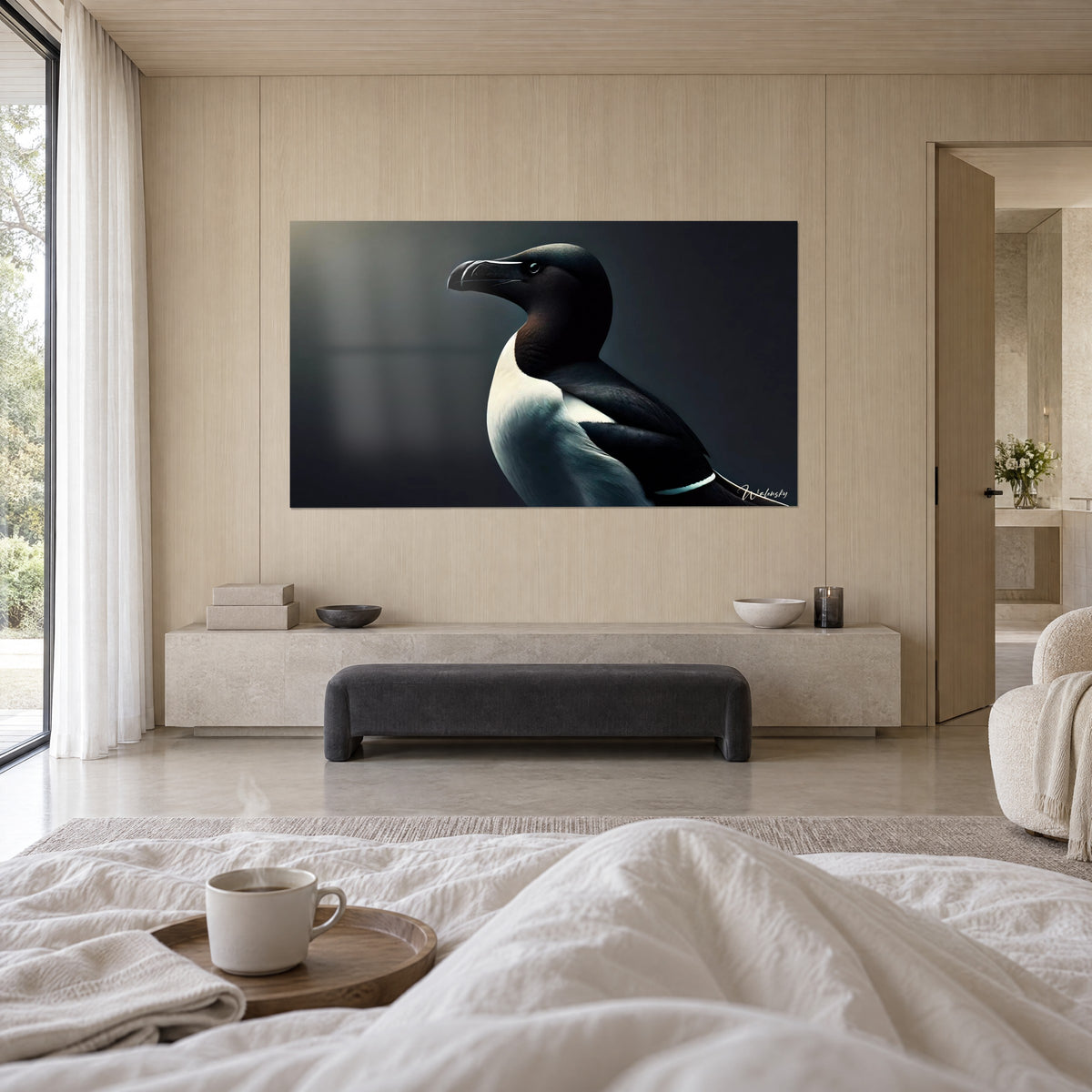 Cuadro ave marina de pecho blanco y espalda de ébano sobre fondo oscuro, encima de una cama en un dormitorio luminoso