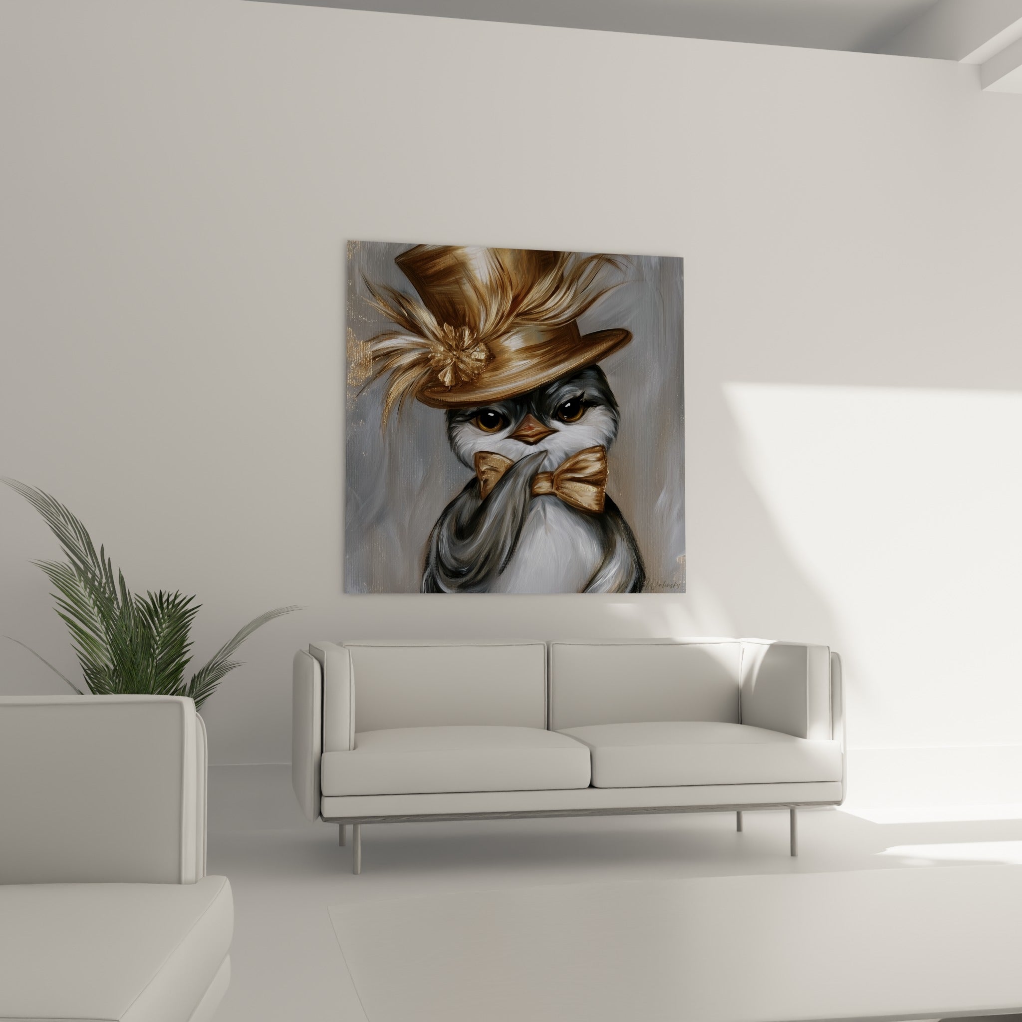 Oiseau dandy au chapeau doré et noeud papillon, regard intense, gris et blanc, au-dessus d'un canapé dans un salon lumineux.