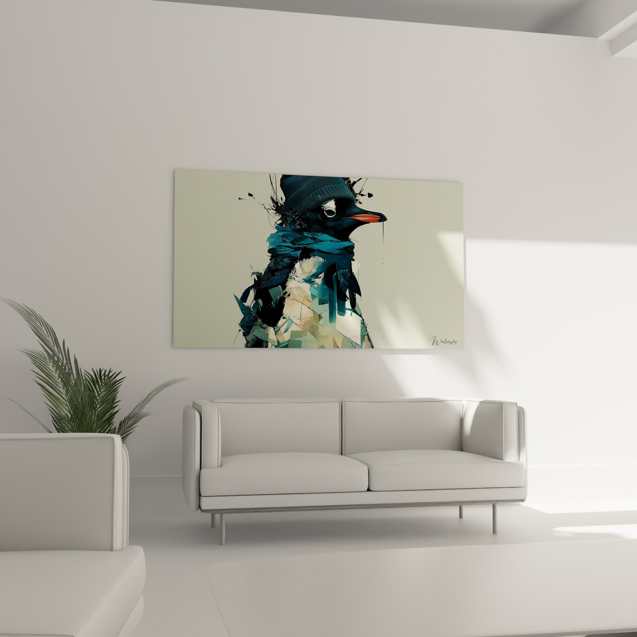 Pingouin stylisé aux teintes anthracite et bleu marine, bec orange vif, au-dessus d'un canapé dans un salon lumineux