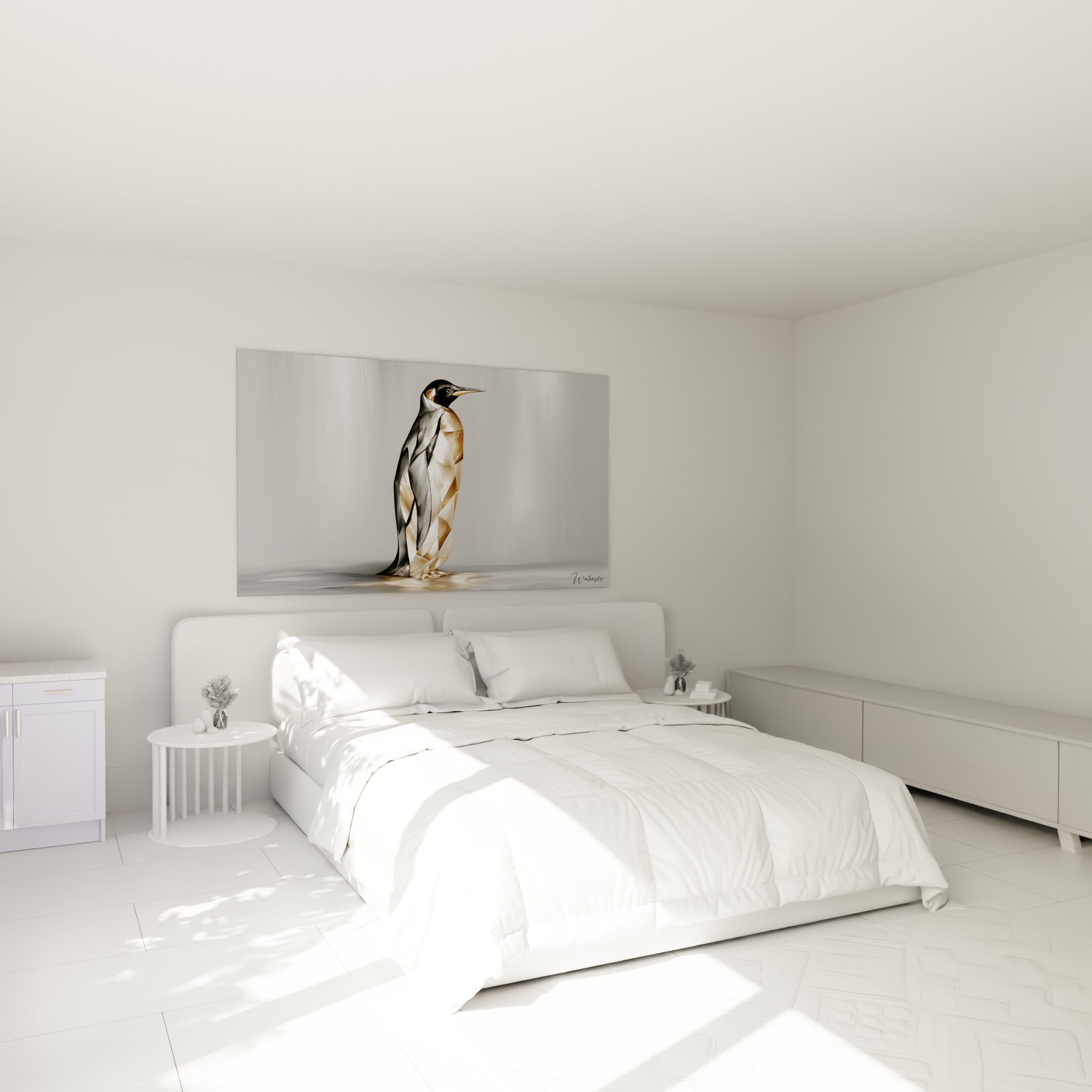Silhouette de pingouin anthracite et doré facetté au-dessus d'un lit dans une chambre claire