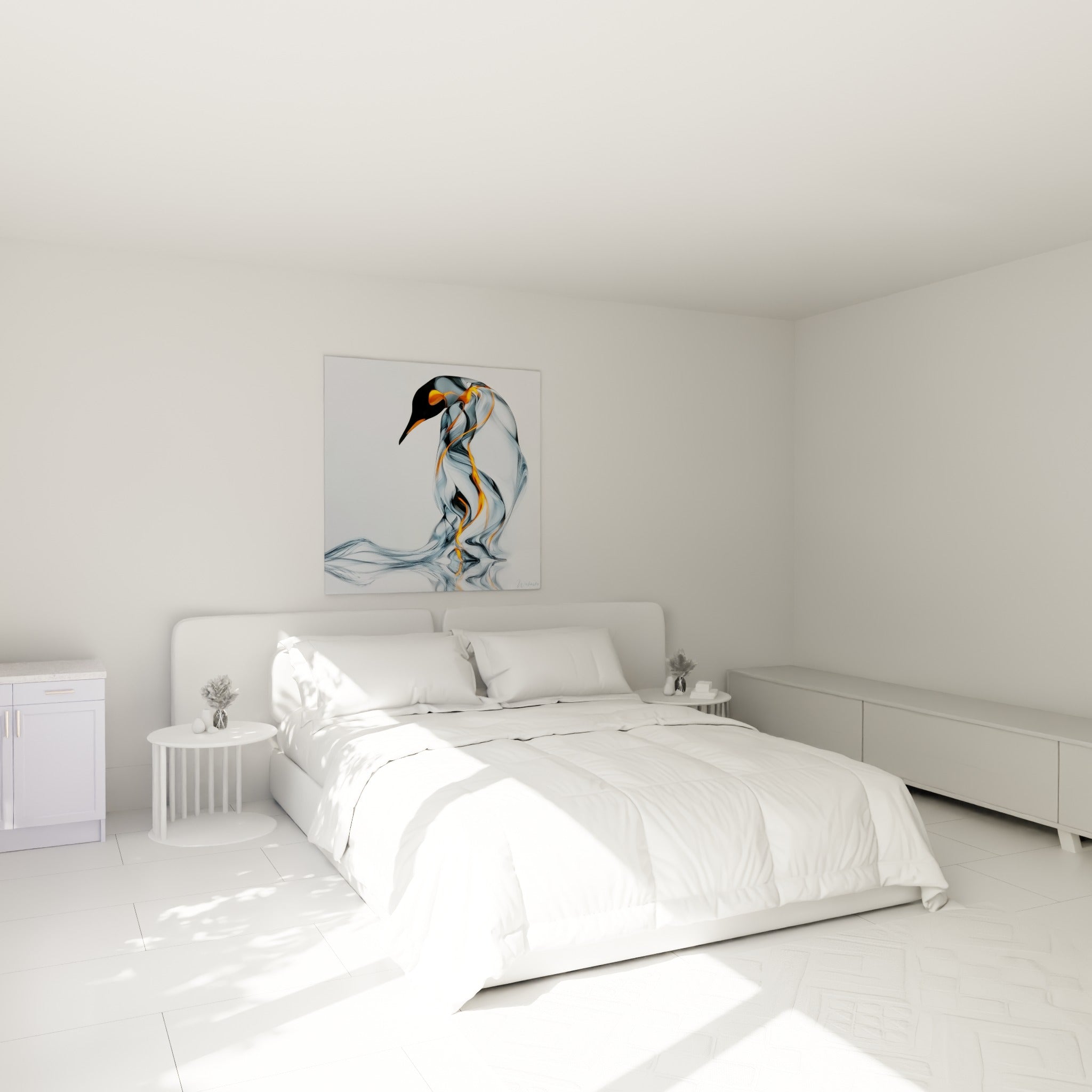 Silhouette de pingouin anthracite et orangée flottant en volutes, accrochée au-dessus d'un lit dans une chambre claire