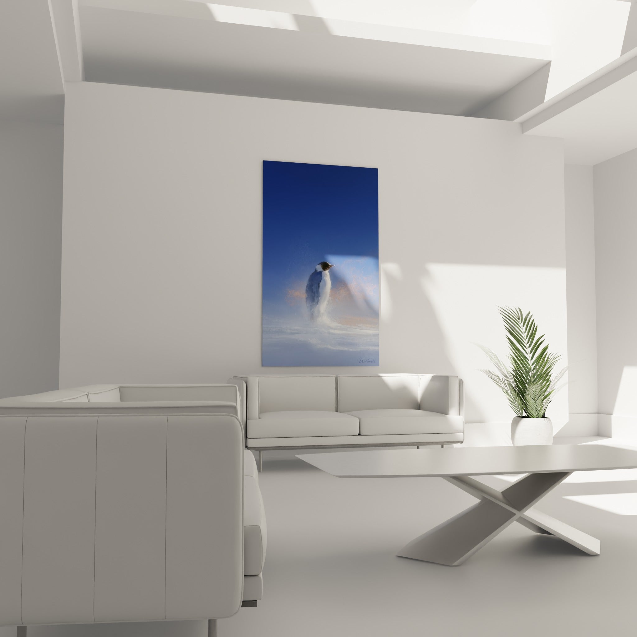 Oiseau polaire blanc et anthracite dressé dans la brume, au-dessus d'un canapé dans un salon lumineux