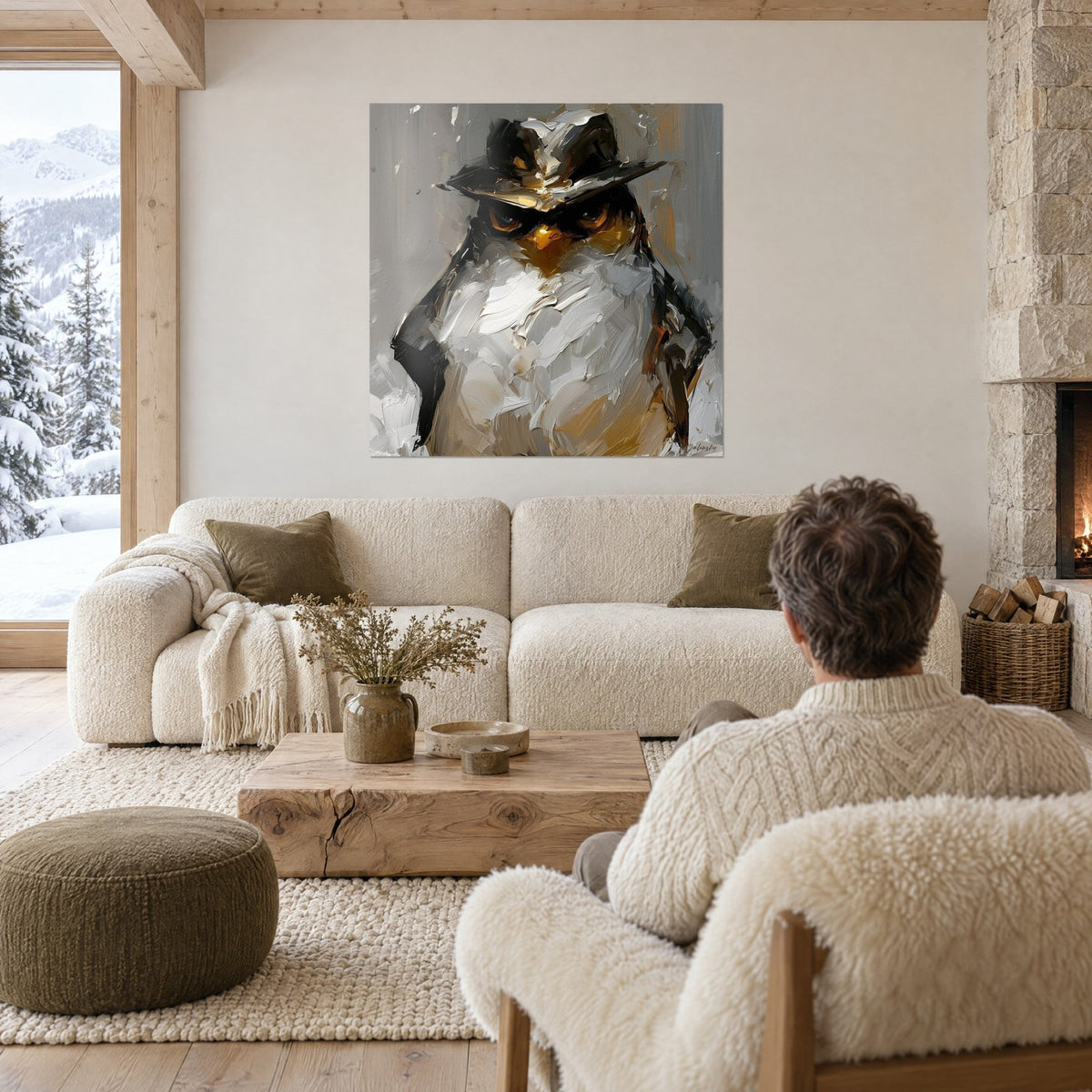 Gemälde Pinguin mit schwarzem Filzhut, dunkler Blick und orangefarbenem Schnabel, Spachteltechnik in Grau und Weiß, über einem Sofa in einem hellen Wohnzimmer