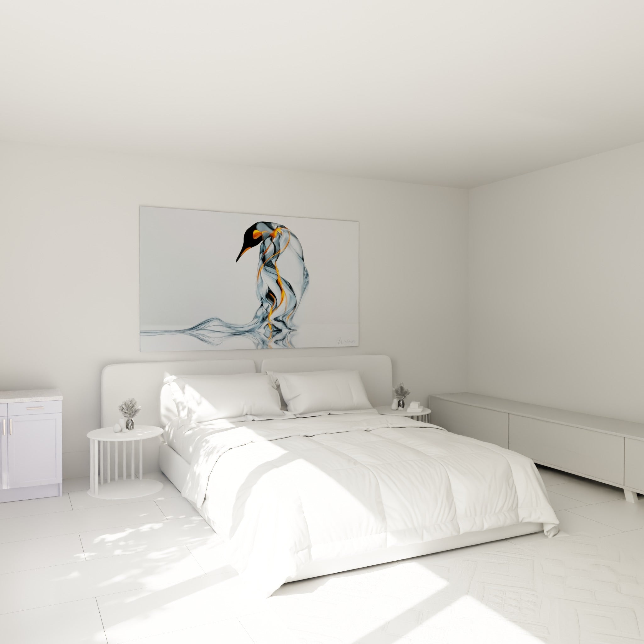 Silhouette de pingouin fumé gris et orange accrochée au-dessus d'un lit dans une chambre claire