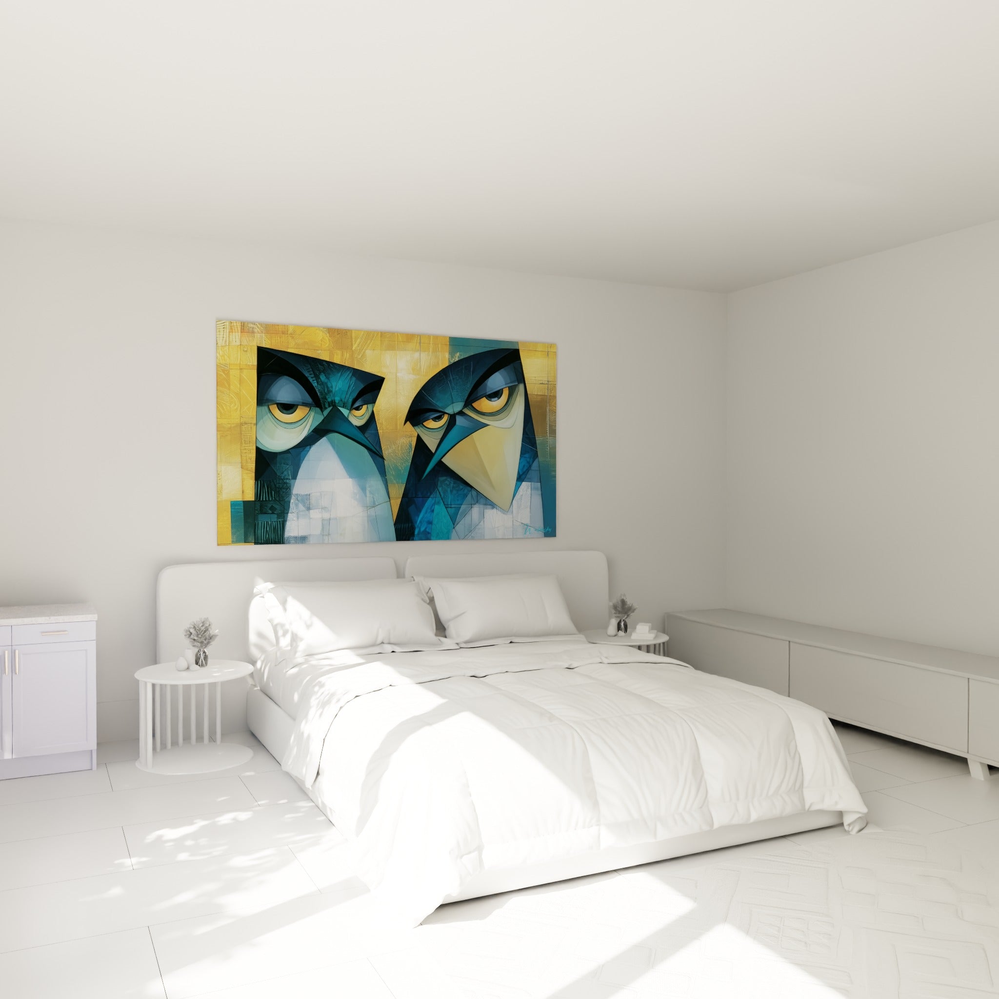 Regard intense de deux pingouins bleu marine et dorés, accroché au-dessus d'un lit dans une chambre claire