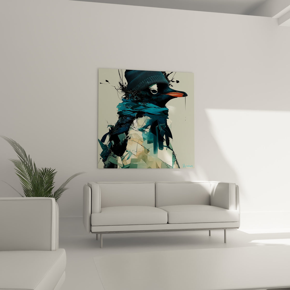 Bec orangé vif d'un pingouin anthracite aux fragments beige, placé au-dessus d'un canapé dans un salon lumineux