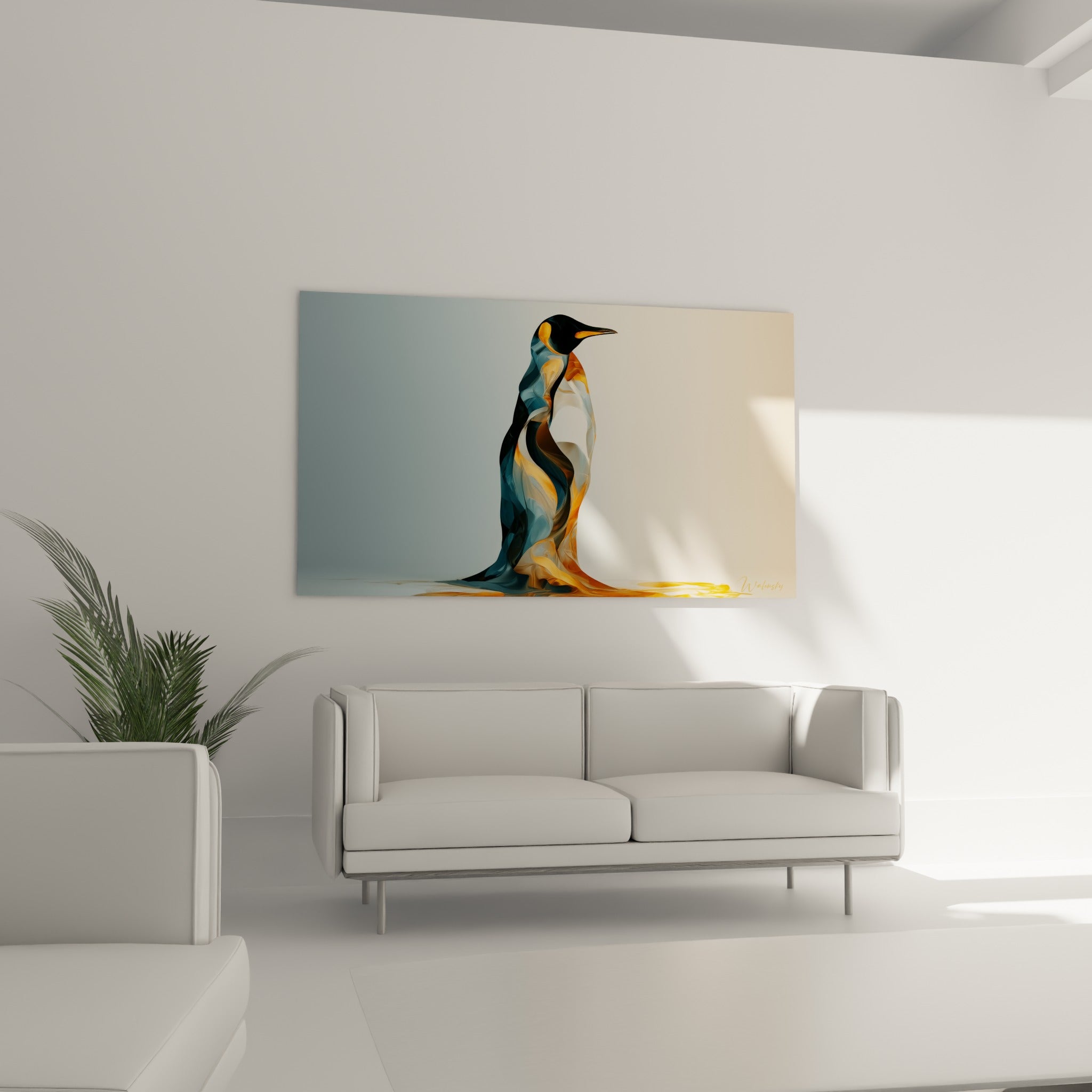 Manchot stylisé aux teintes anthracite et dorées, effet de fusion picturale, au-dessus d'un canapé dans un salon lumineux.