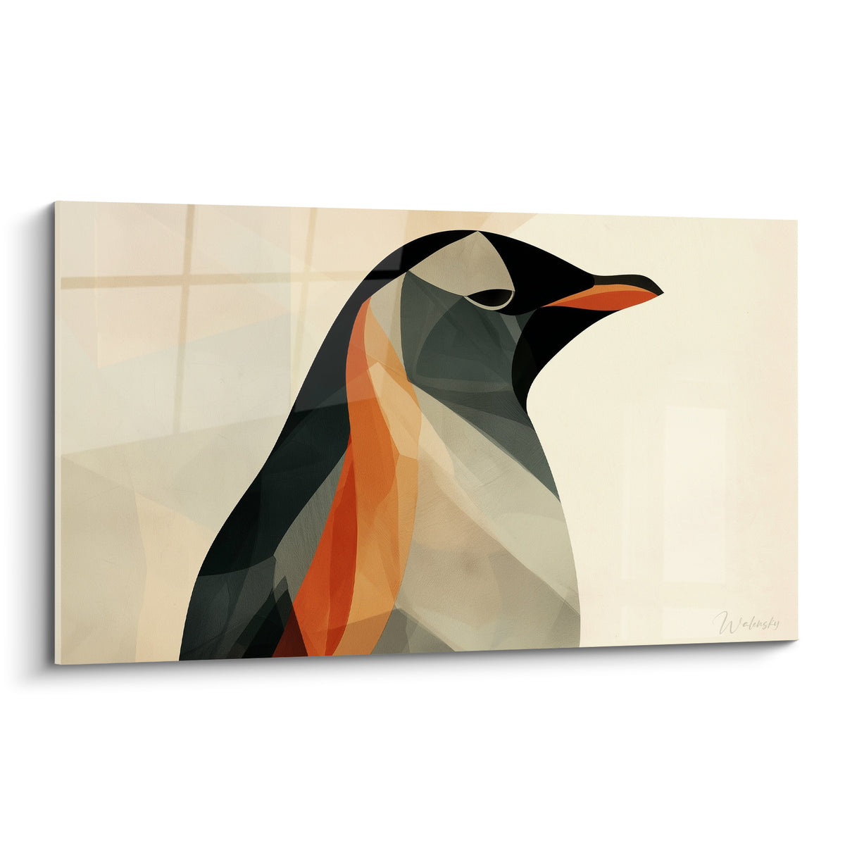 Pingouin anthracite au bec orangé, plumage géométrique en facettes sur fond beige clair