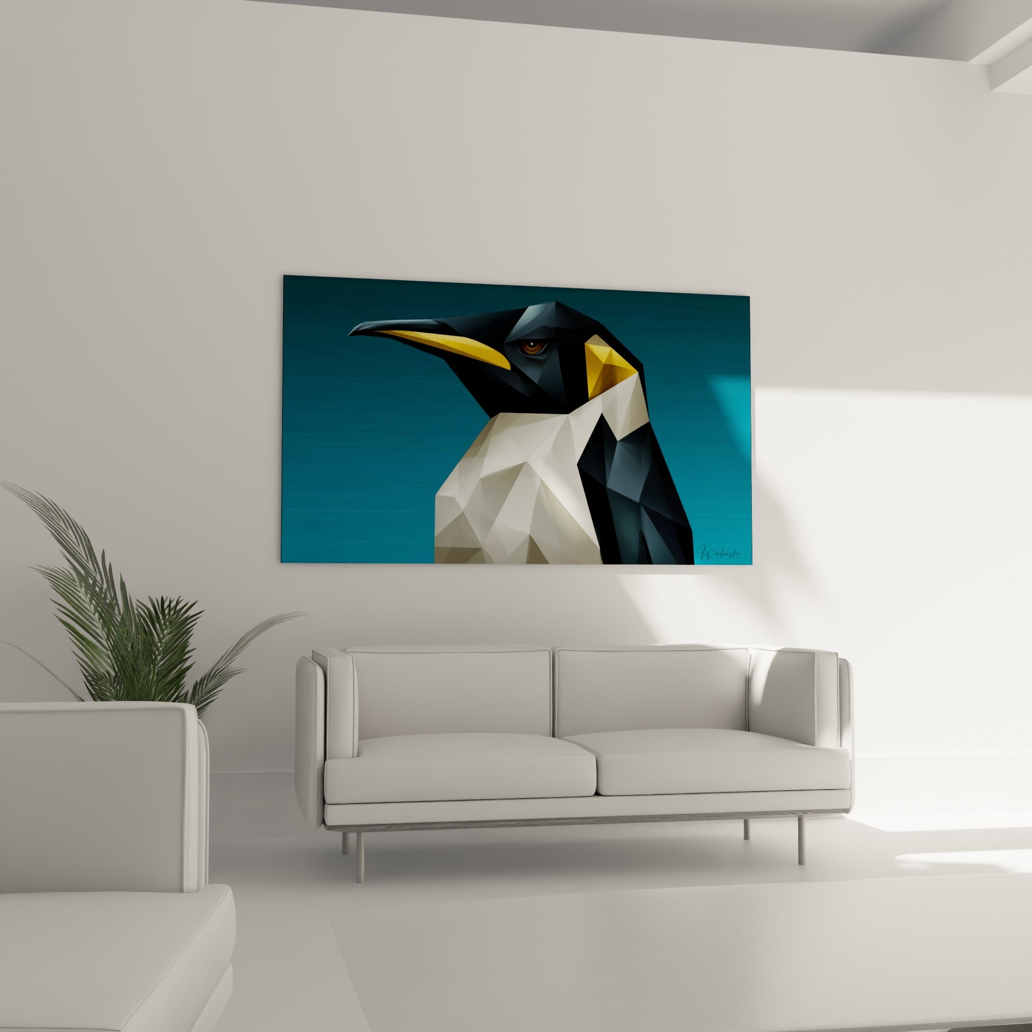 Pingouin polygonal anthracite et jaune au-dessus d'un canapé dans un salon lumineux