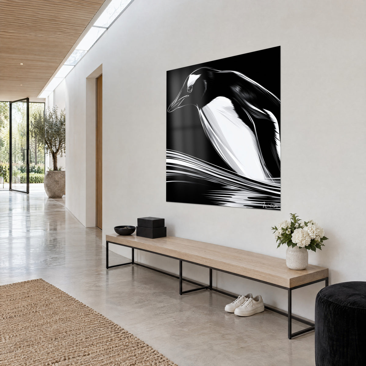 Tableau oiseau marin en encre monochrome, dos noir de jais et poitrail blanc, vague striée, dans un couloir d'architecte