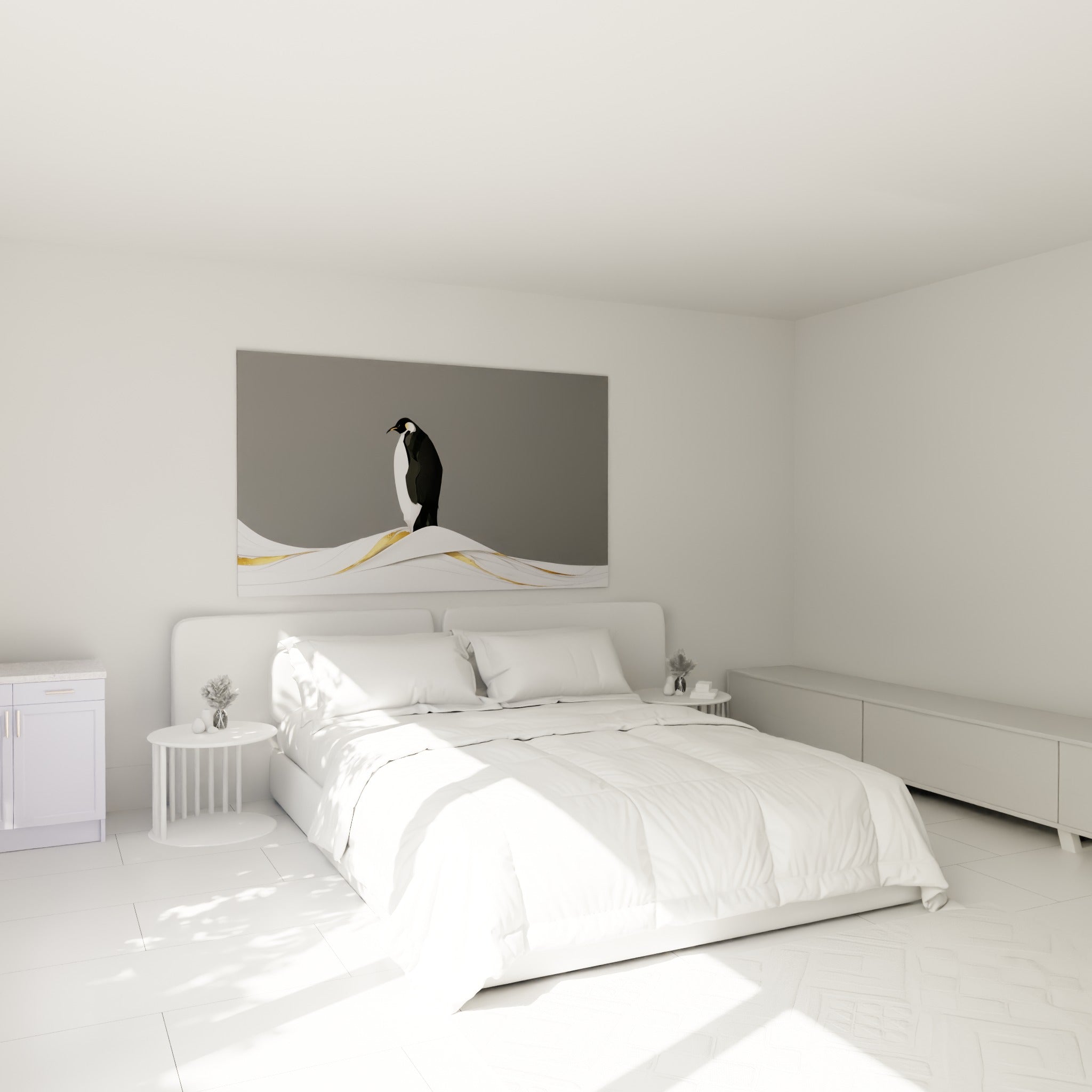 Silhouette de pingouin anthracite sur vagues blanches et dorées, au-dessus d'un lit dans une chambre claire