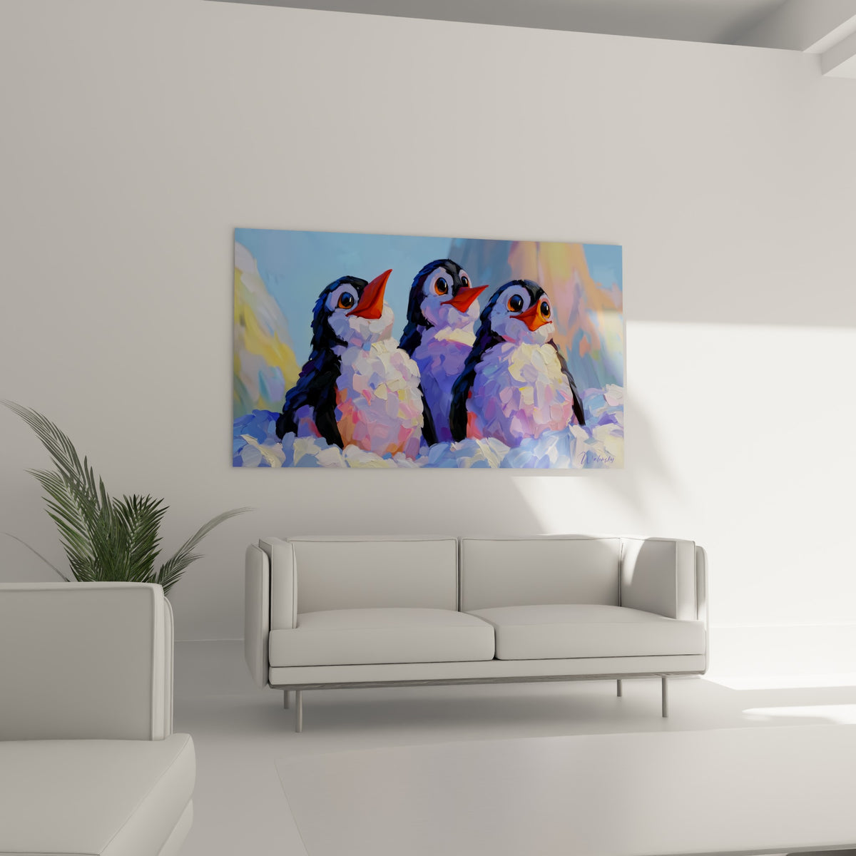 Pingouins anthracite et blancs aux becs orange vif installés au-dessus d'un canapé dans un salon lumineux