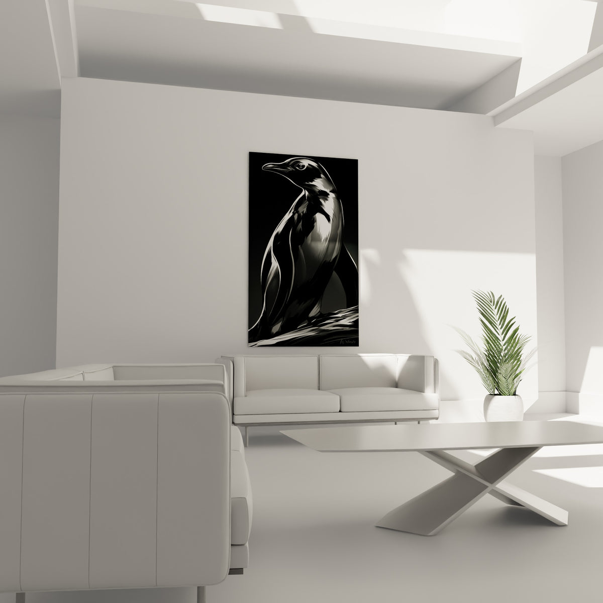 Manchot anthracite aux reflets blancs éclatants, suspendu au-dessus d'un canapé dans un salon lumineux