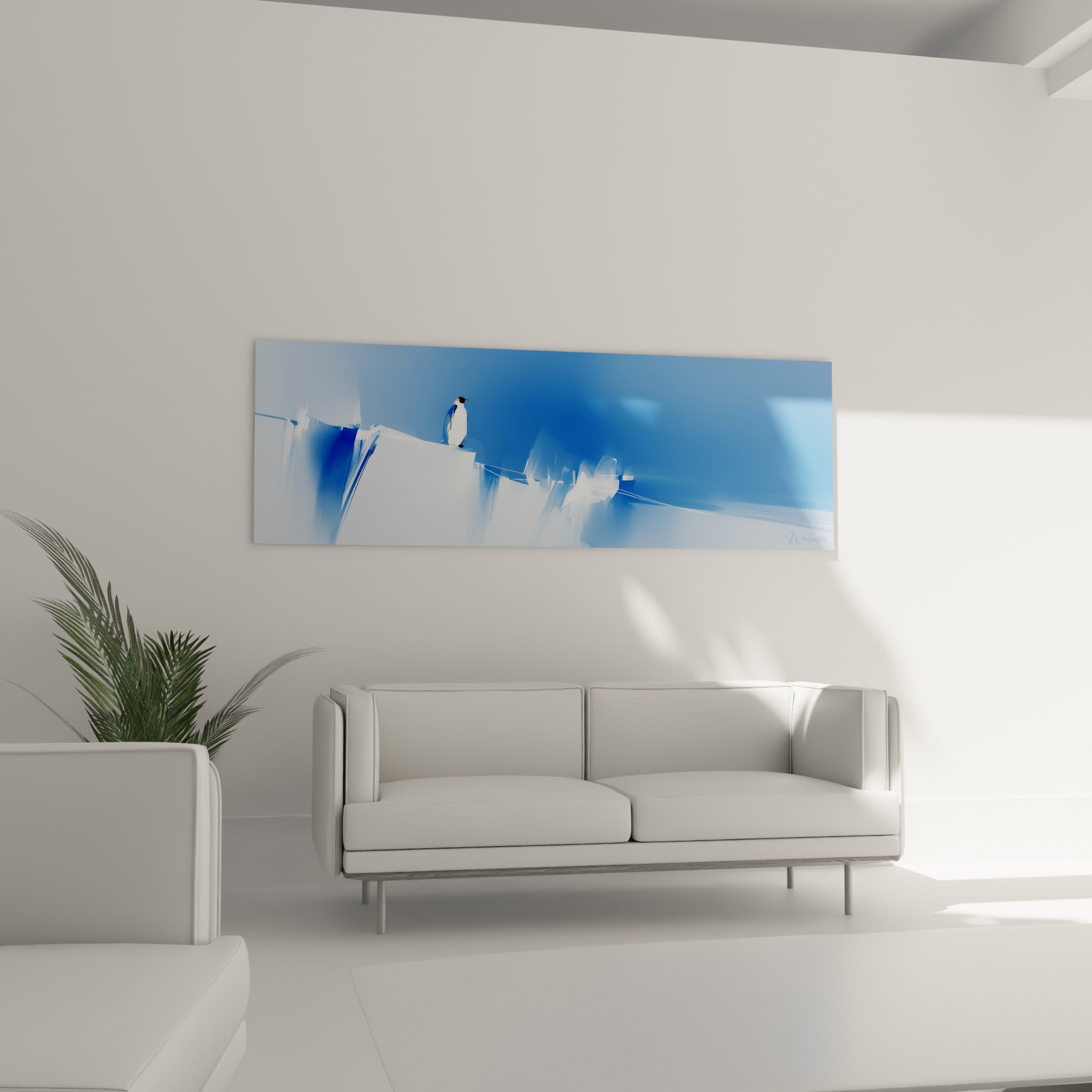 Pingouin solitaire face à un horizon bleu profond et blanc, au-dessus d'un canapé dans un salon lumineux
