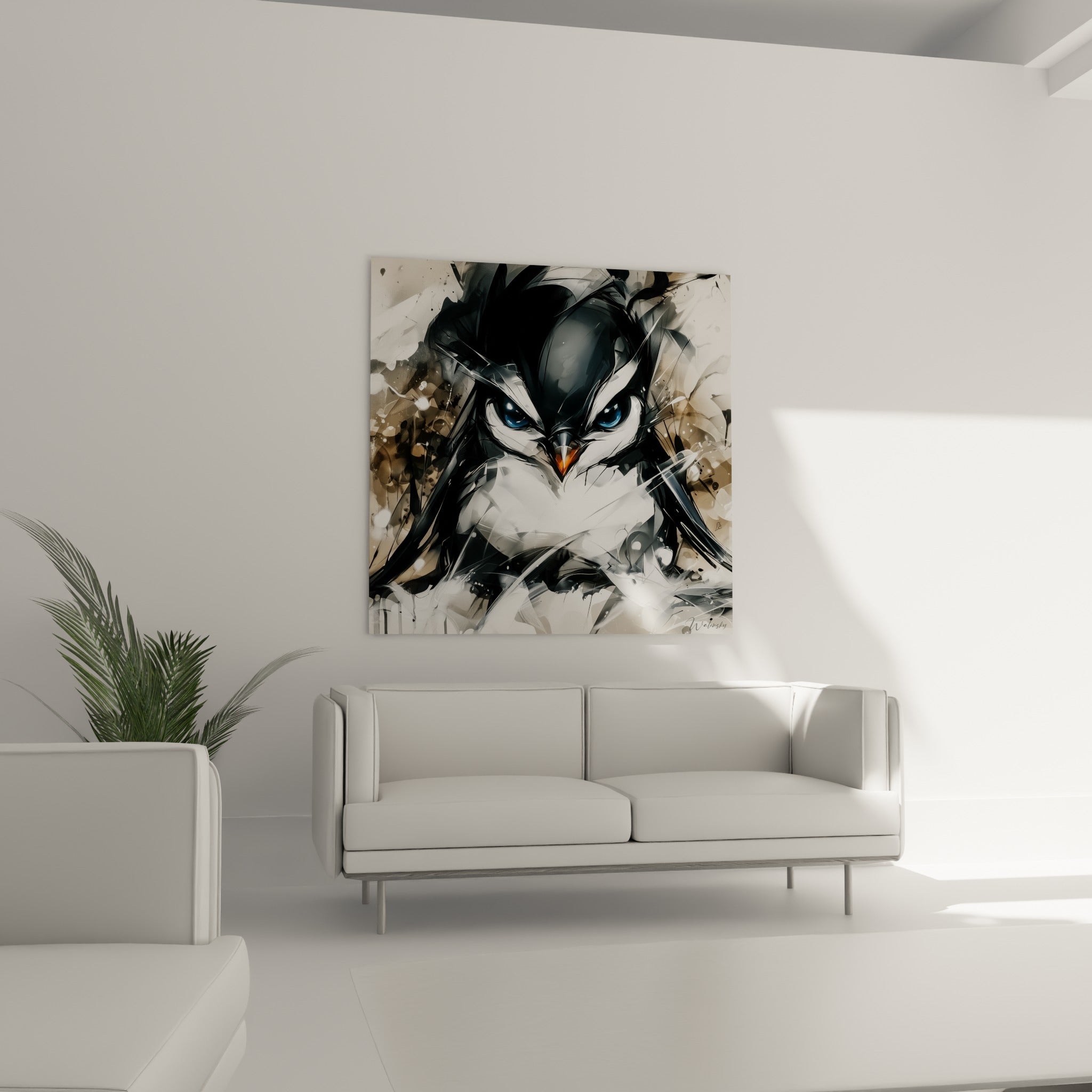 Bec orange vif de ce pingouin anthracite et blanc suspendu au-dessus d'un canapé dans un salon lumineux