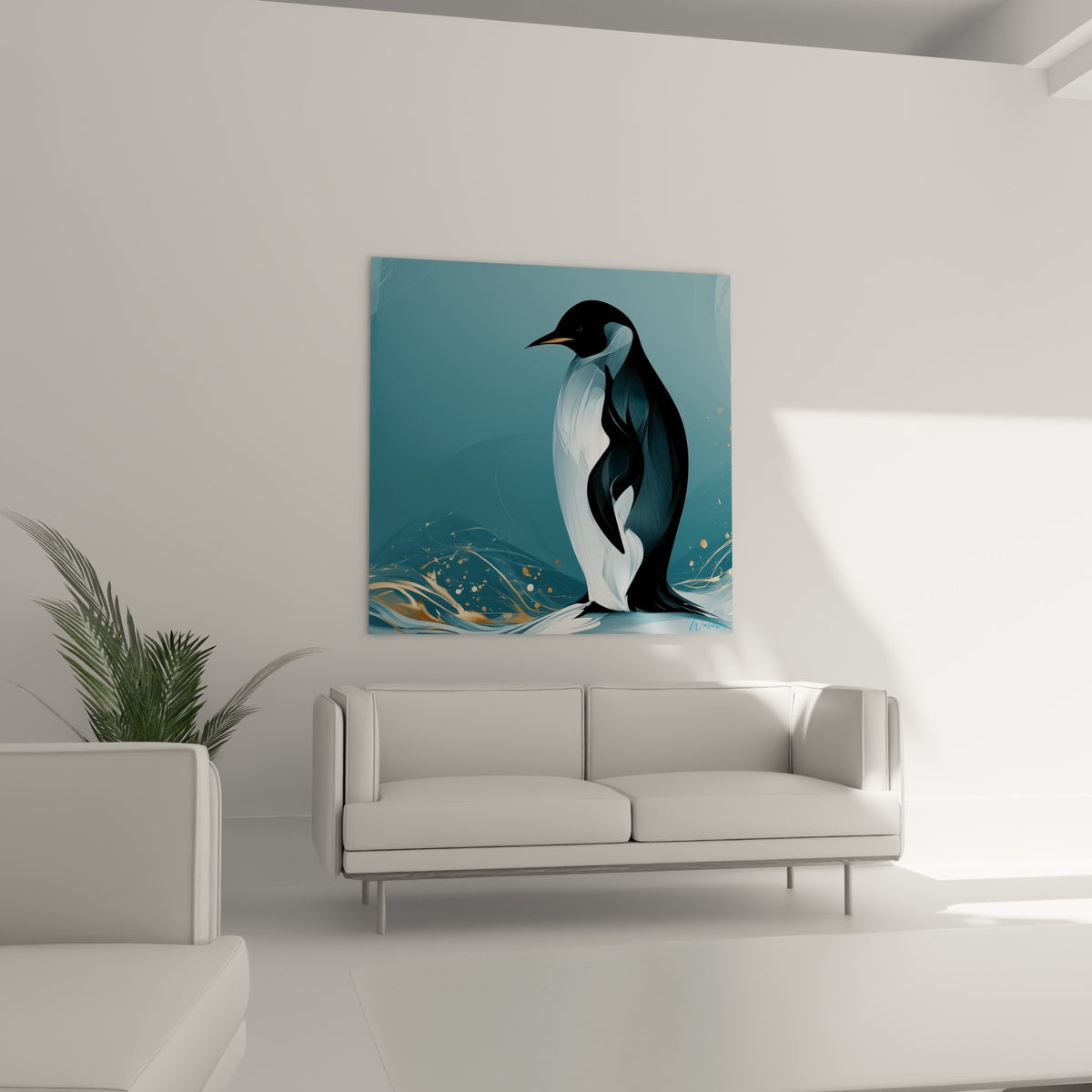 Profil d'un manchot bleu ardoise et blanc entouré de coulures dorées, au-dessus d'un canapé dans un salon lumineux