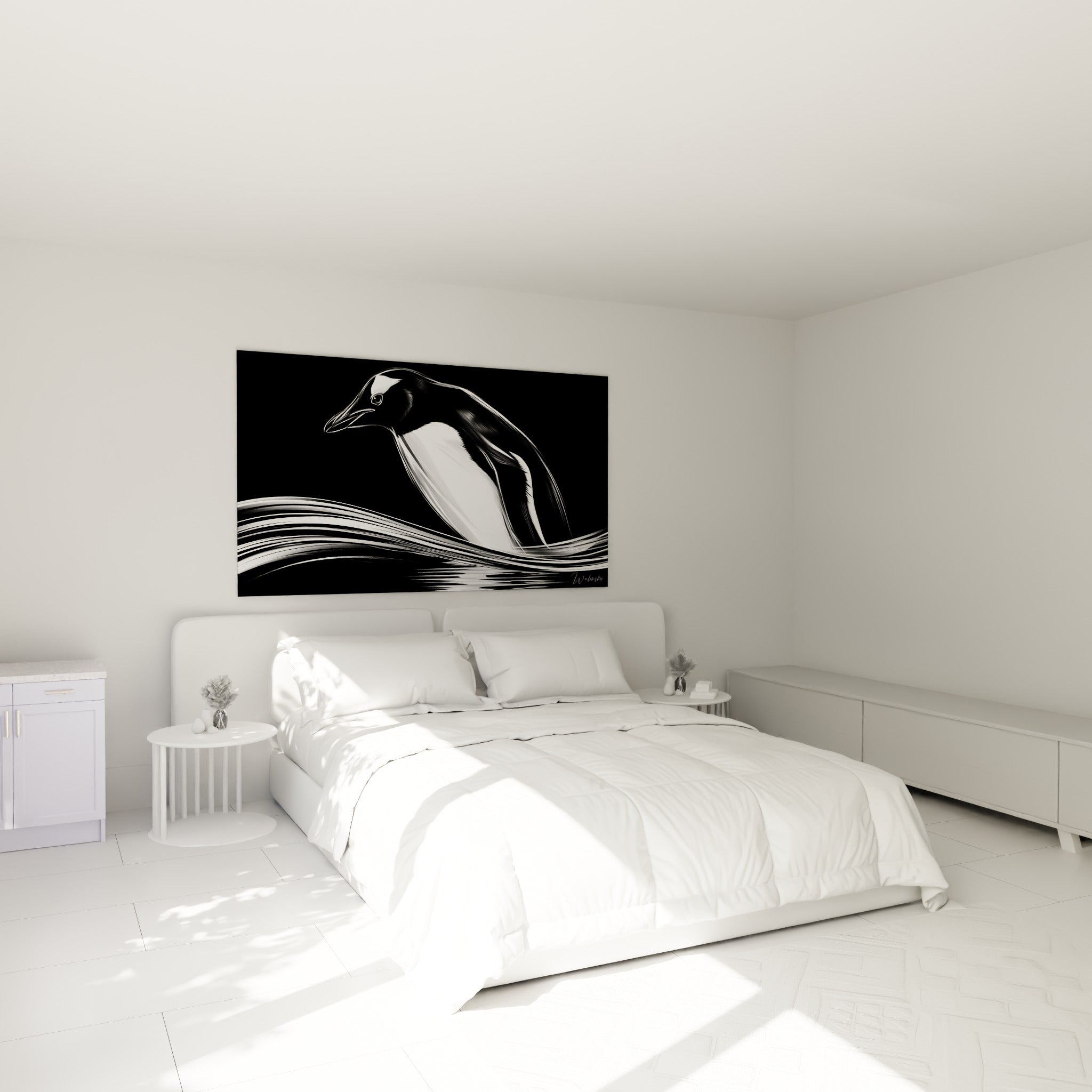 Silhouette de pingouin anthracite et blanc penchée en avant, au-dessus d'un lit dans une chambre claire
