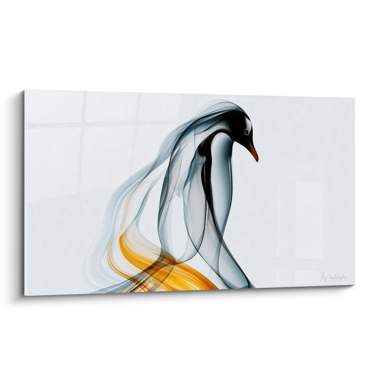 Pingouin anthracite aux voiles translucides et traînée ocre sur fond blanc épuré