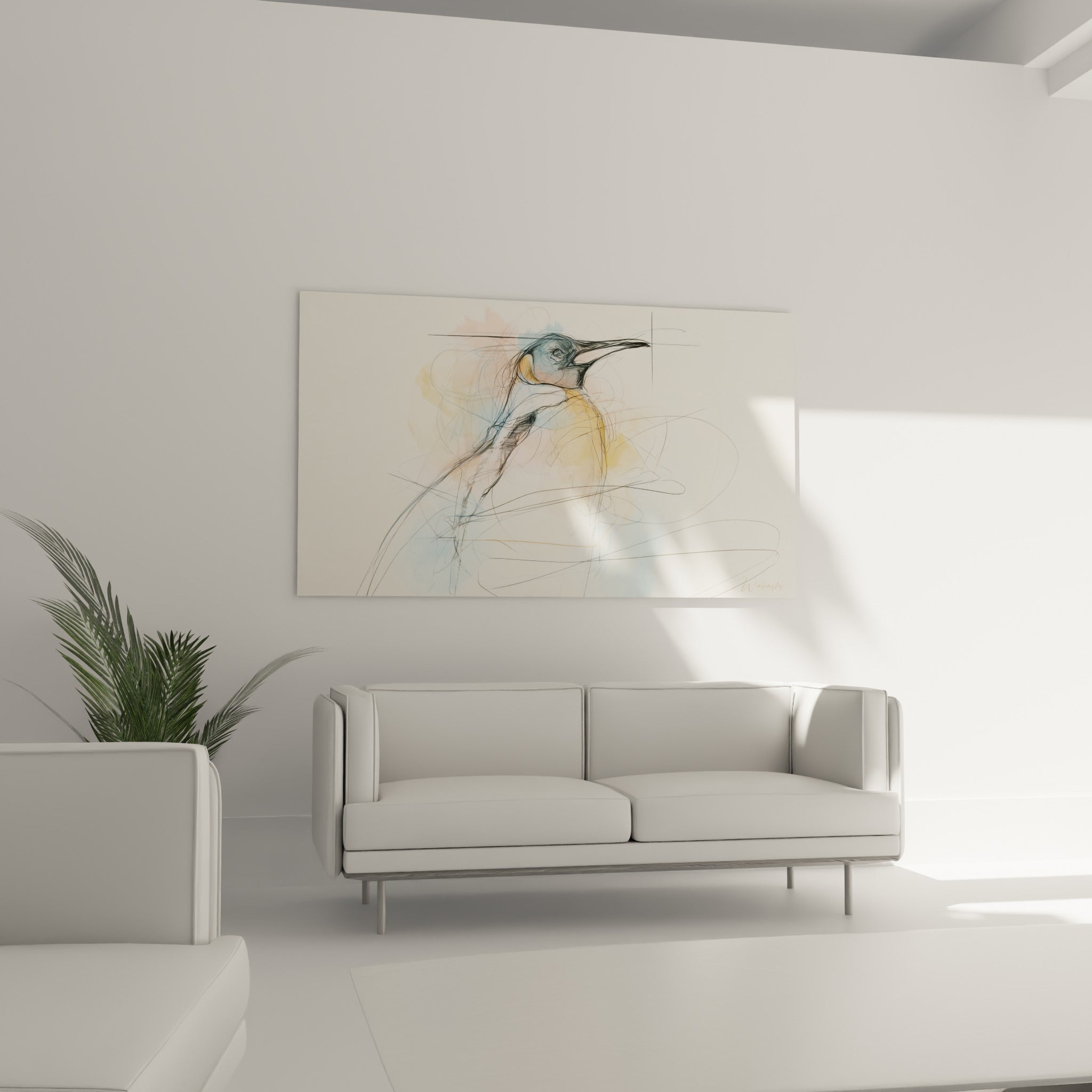 Pingouin au dessin nerveux et nuances bleu pastel, suspendu au-dessus d'un canapé dans un salon lumineux