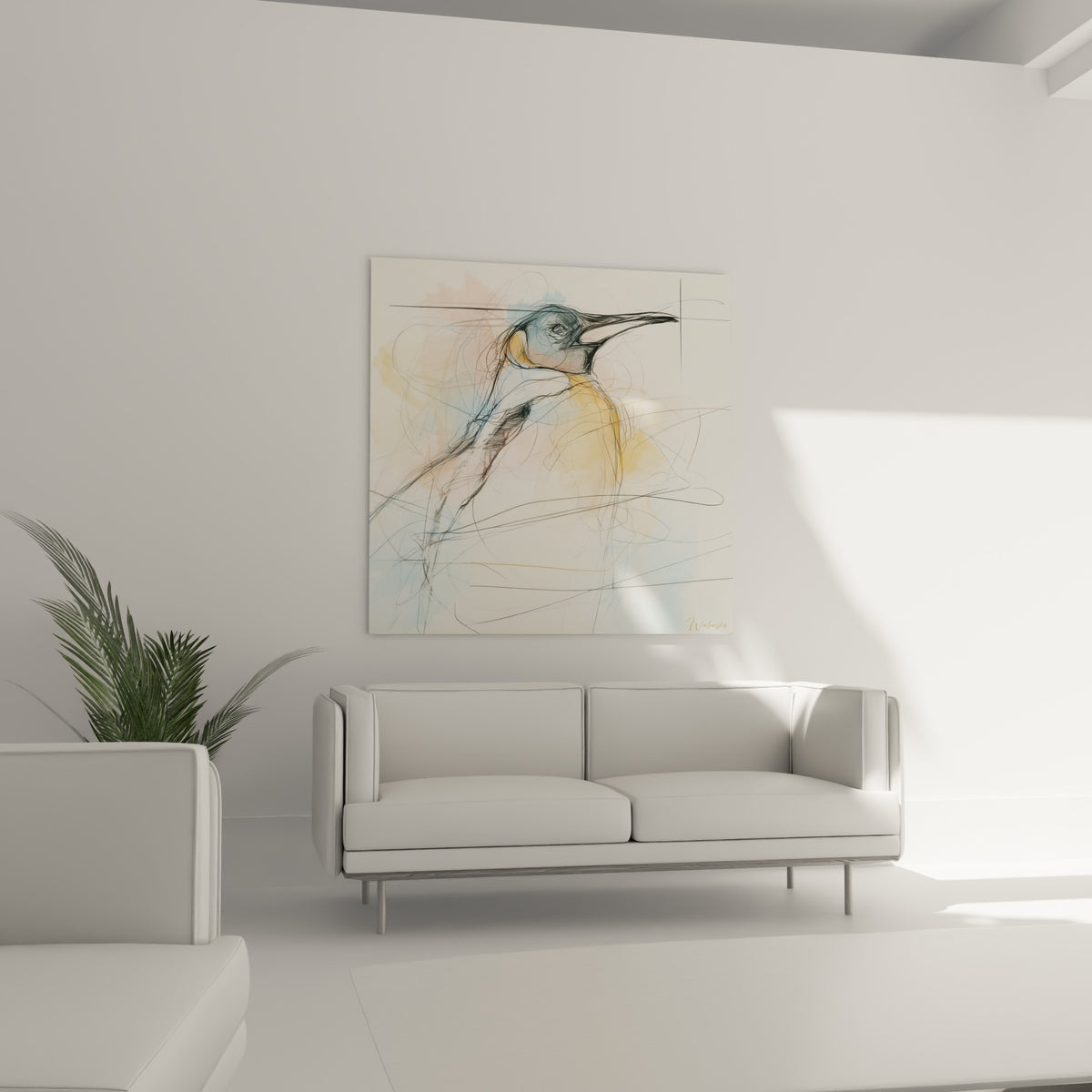 Nuances bleu pastel et ocre du pingouin dessiné au trait, au-dessus d'un canapé dans un salon lumineux