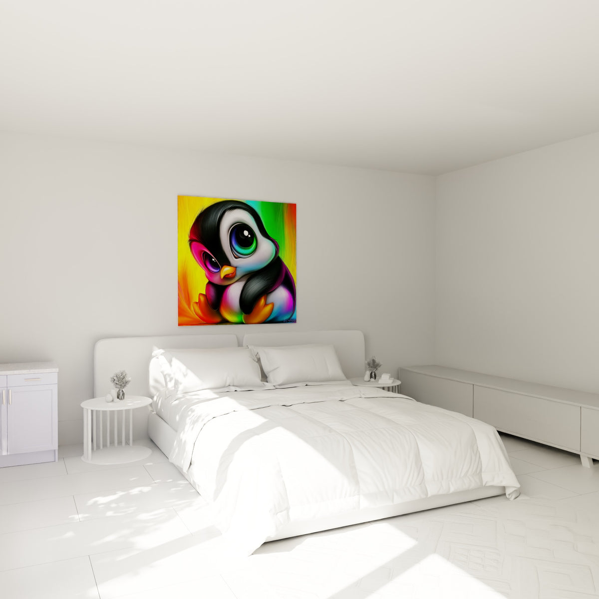 Jeune pingouin coloré aux yeux émeraude et turquoise, accroché au-dessus d'un lit dans une chambre claire