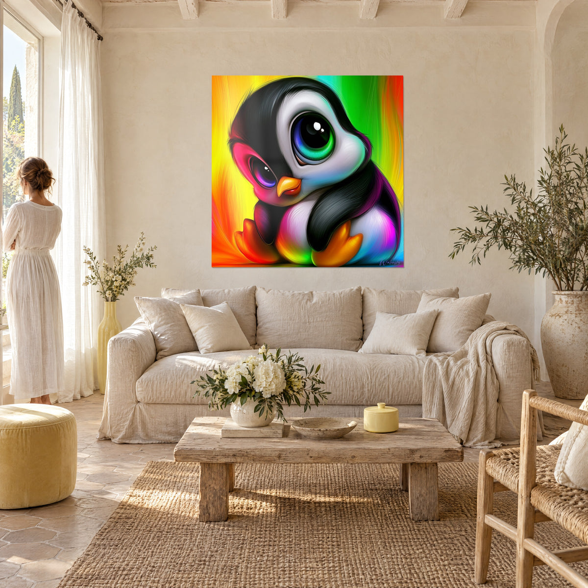 Tableau bébé pingouin aux immenses yeux verts et violets, fond arc-en-ciel, face à une femme de dos, au-dessus d'un canapé dans un salon lumineux