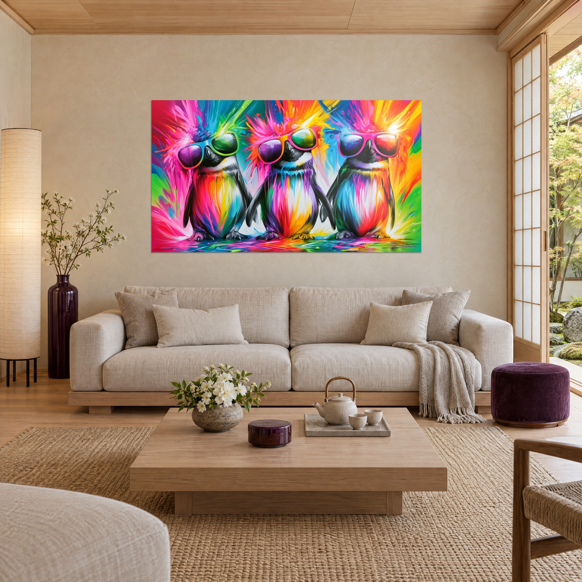 Tableau trio de manchots aux lunettes de soleil, crêtes rose et orange éclaboussées, au-dessus d'un canapé dans un salon lumineux