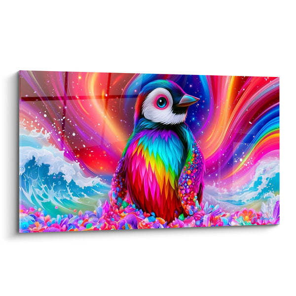 Tableau Pingouin arc-en-ciel aux vagues turquoise - Rêverie cosmique - Edition Pingouin