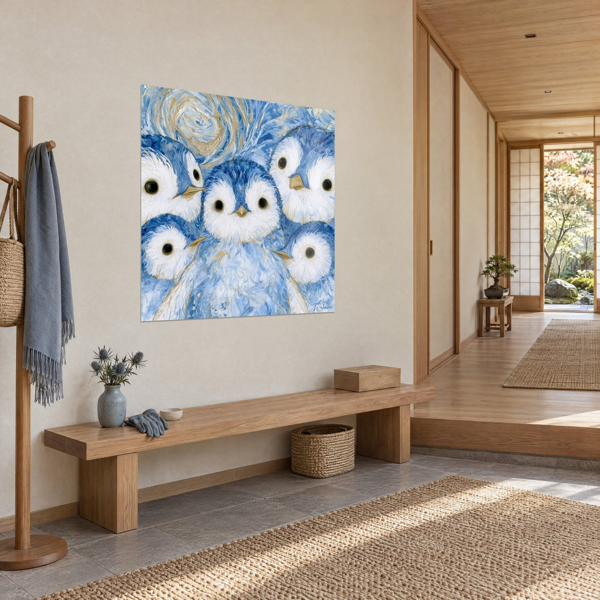 Cuadro pingüinos apretados entre sí en pintura gruesa, azul cobalto y blanco crema, vista de tres cuartos en un recibidor japandi luminoso