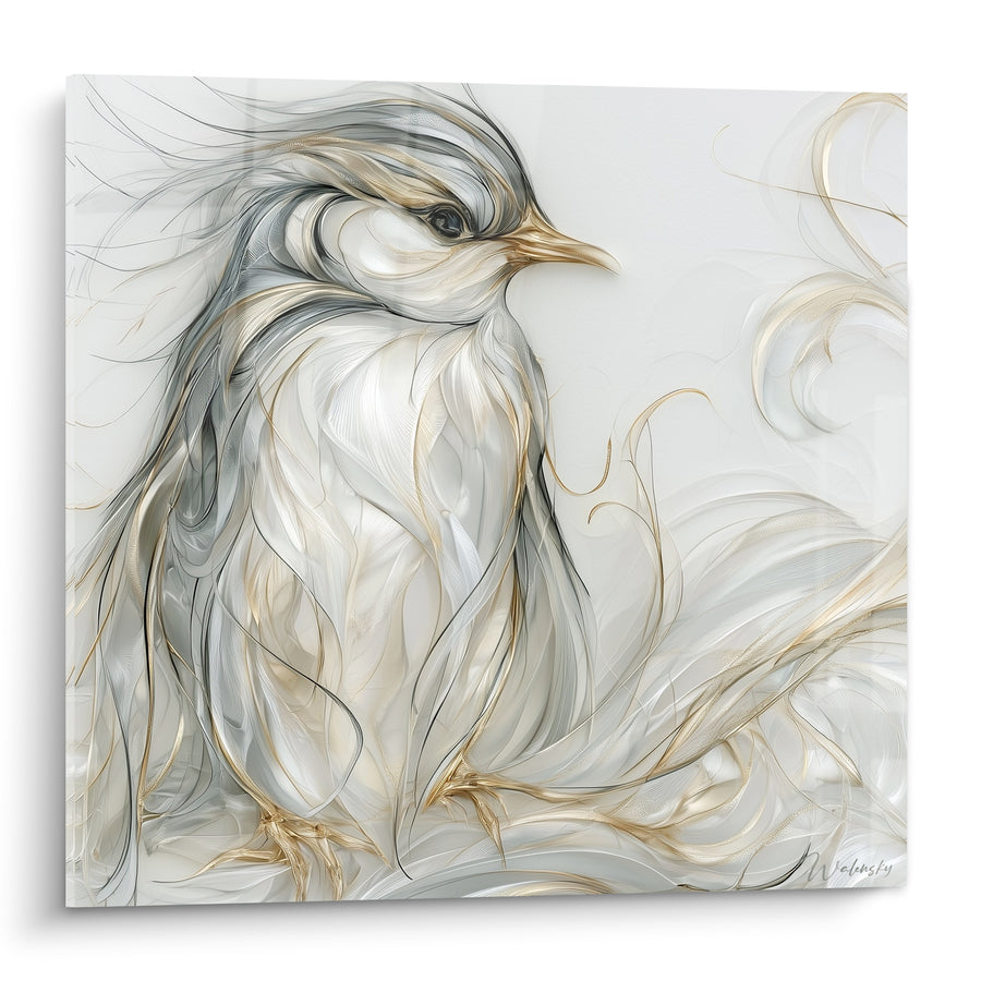 Quadro di Pinguino Argentato con Mecche Dorate - Alito di Eleganza - Edizione Pinguino