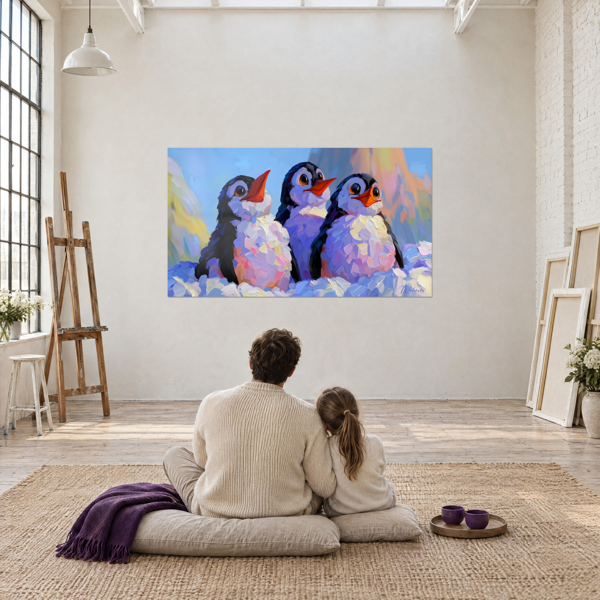 Gemälde Trio von Pinguinen in Blau-, Rosa- und Buttergelb-Tönen, betrachtet von einem Paar, das von hinten auf Kissen sitzt, in einem Loft