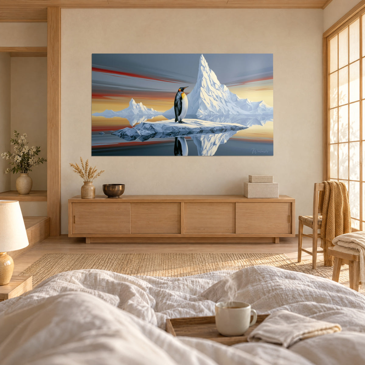 Cuadro banquisa bajo un cielo surcado de rojo y dorado, pingüino de perfil frente al iceberg, taza sobre la cama, encima de una cama en un dormitorio luminoso