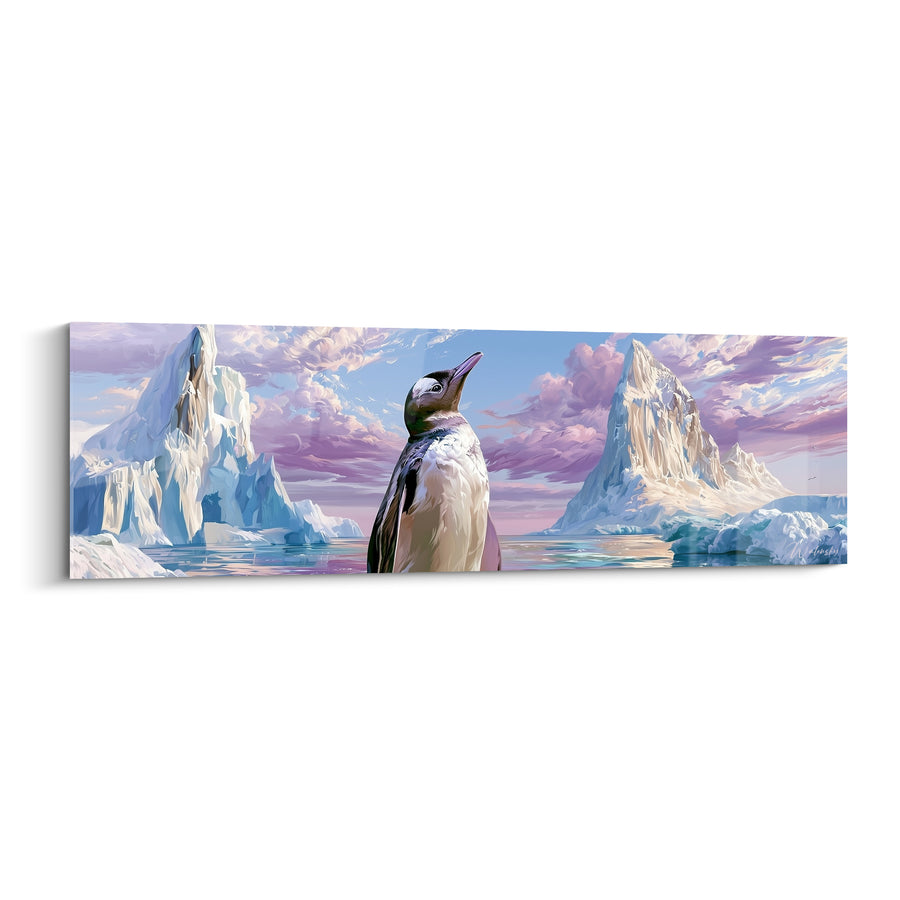 Tableau Pingouin blanc et mauve entre deux icebergs - Ciel nuageux et falaises glacées - Edition Pingouin