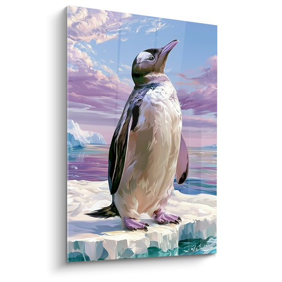 Tableau Pingouin blanc et mauve sur iceberg - Ciel nuageux rosé - Edition Pingouin