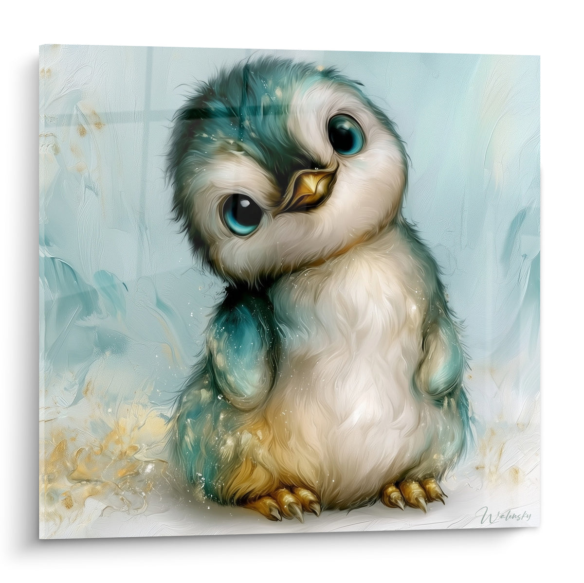 Pingouin bébé aux plumes bleu glacier et blanches, bec doré, yeux expressifs sur fond givré