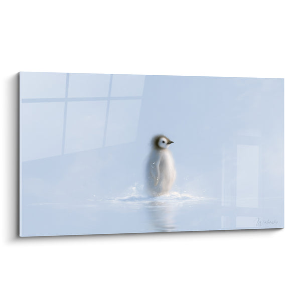 Tableau Bébé pingouin blanc et bleu pâle émergeant des vaguelettes - Reflet dans l'eau calme - Edition Pingouin