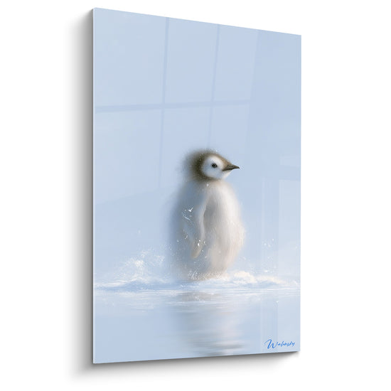 Tableau Bébé pingouin blanc et gris émergeant vaporeux - Reflet sur la glace - Edition Pingouin
