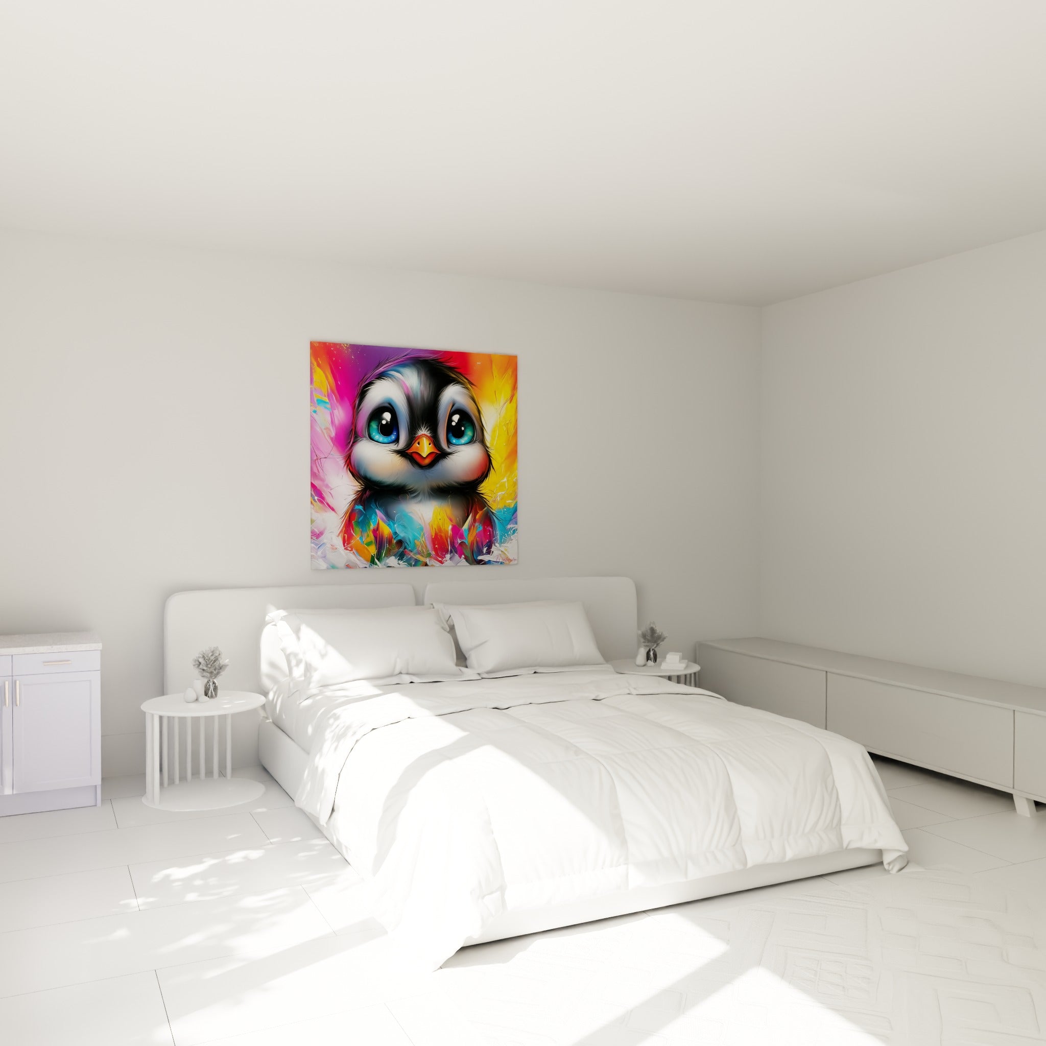 Petit pingouin aux grands yeux bleus et bec orange, accroché au-dessus d'un lit dans une chambre claire