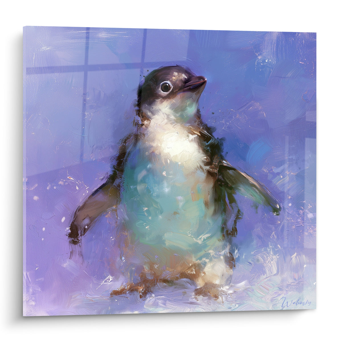 Pingouin bébé ailes écartées, plumage crème et turquoise sur fond violet et lavande peint