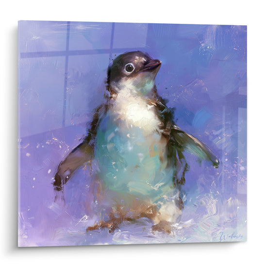 Pingouin bébé ailes écartées, plumage crème et turquoise sur fond violet et lavande peint