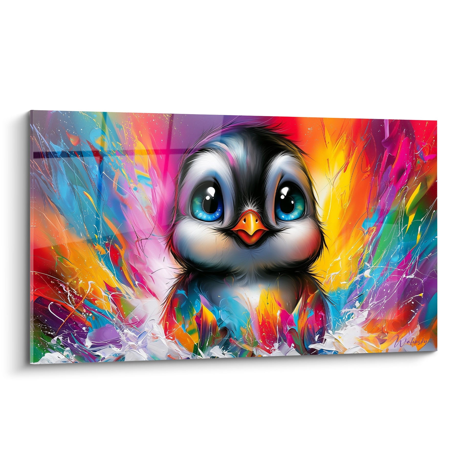 Pingouin au regard bleu intense, plumage noir et blanc, fond éclaboussé orange et fuchsia