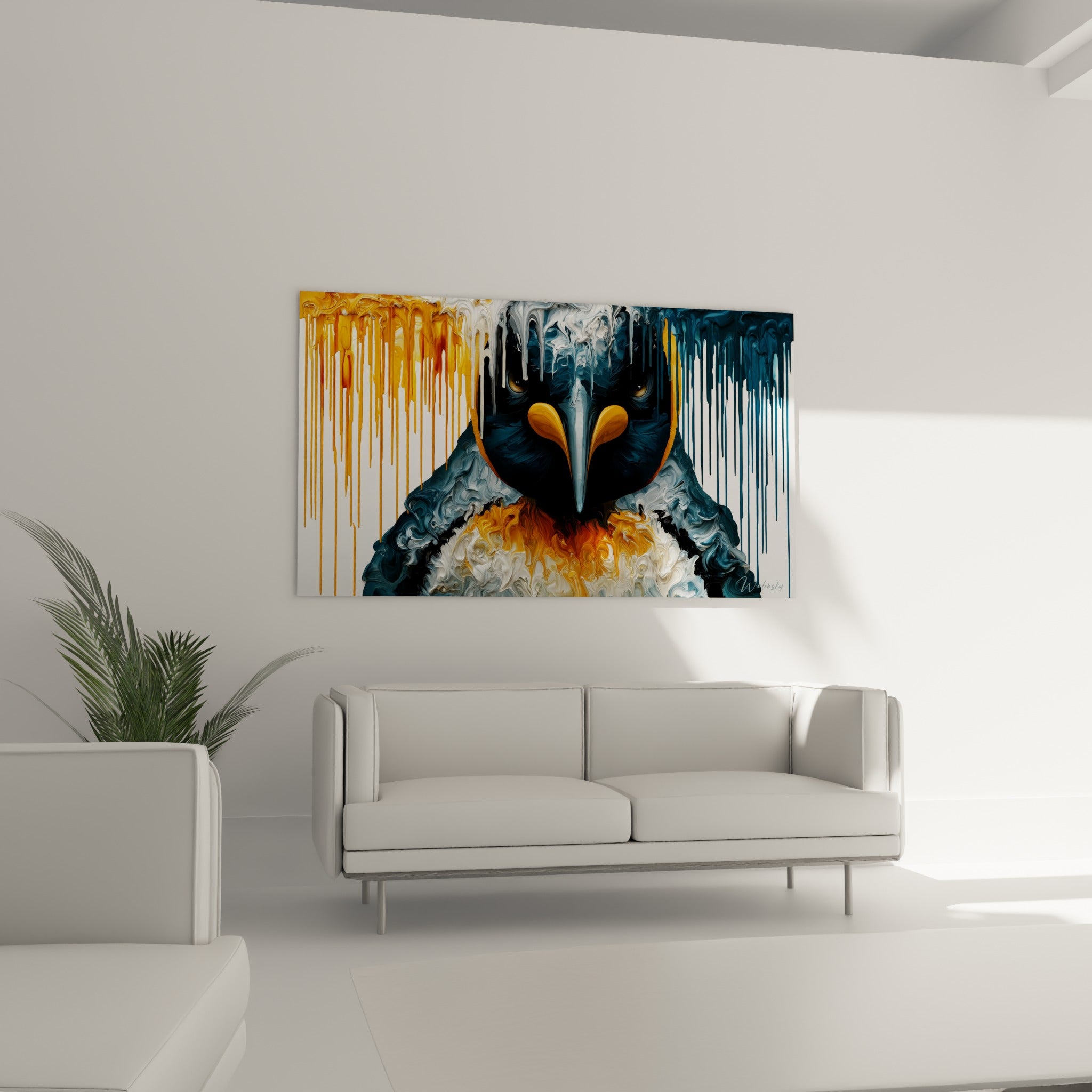 Tête de pingouin noir et doré aux coulures marbrées blanches, suspendue au-dessus d'un canapé dans un salon lumineux
